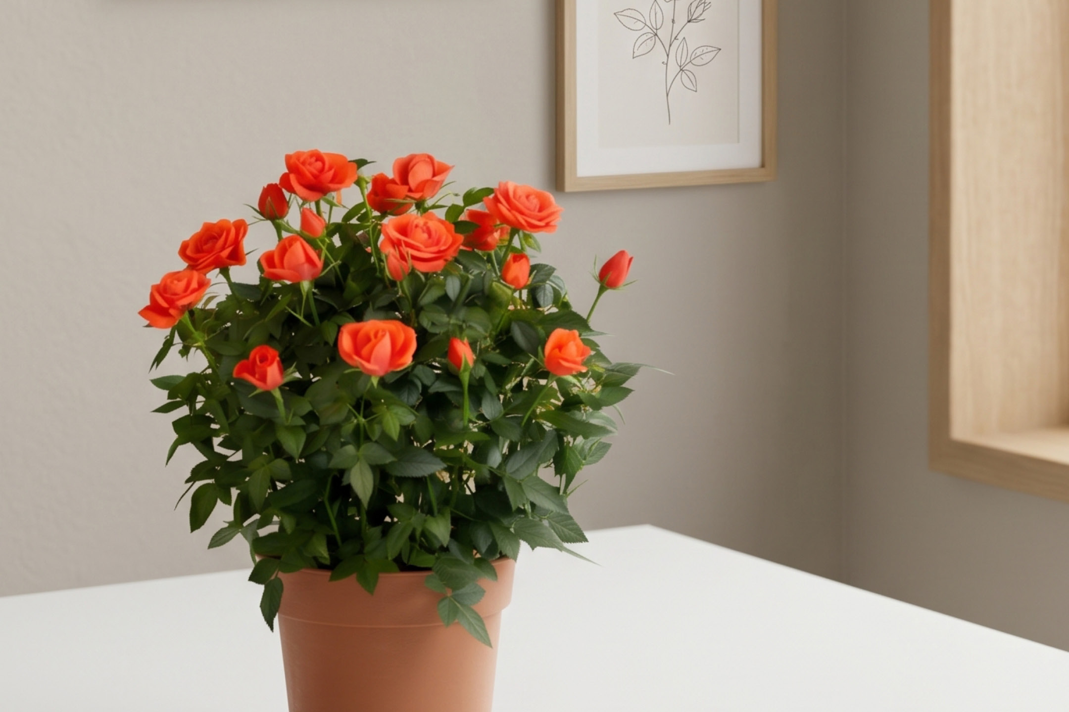 A vibrant potted orange rose plant sitting indoors near a window.