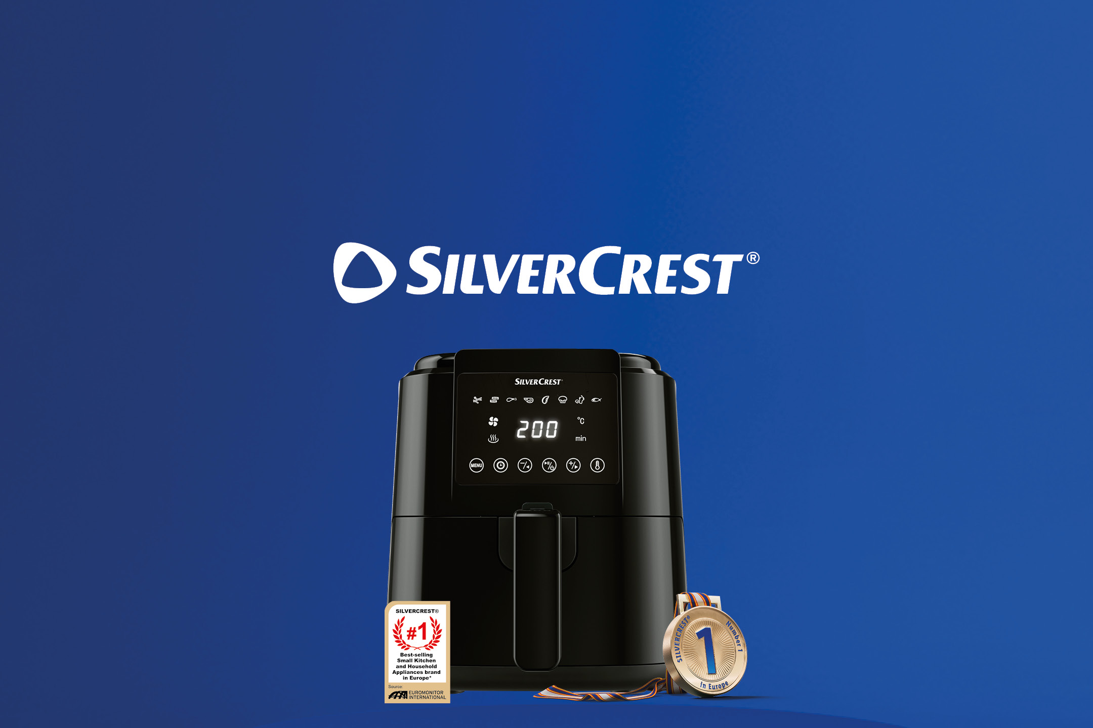 SilverCrest air fryer with awards for best-selling small kitchen and household appliances brand in Europe.