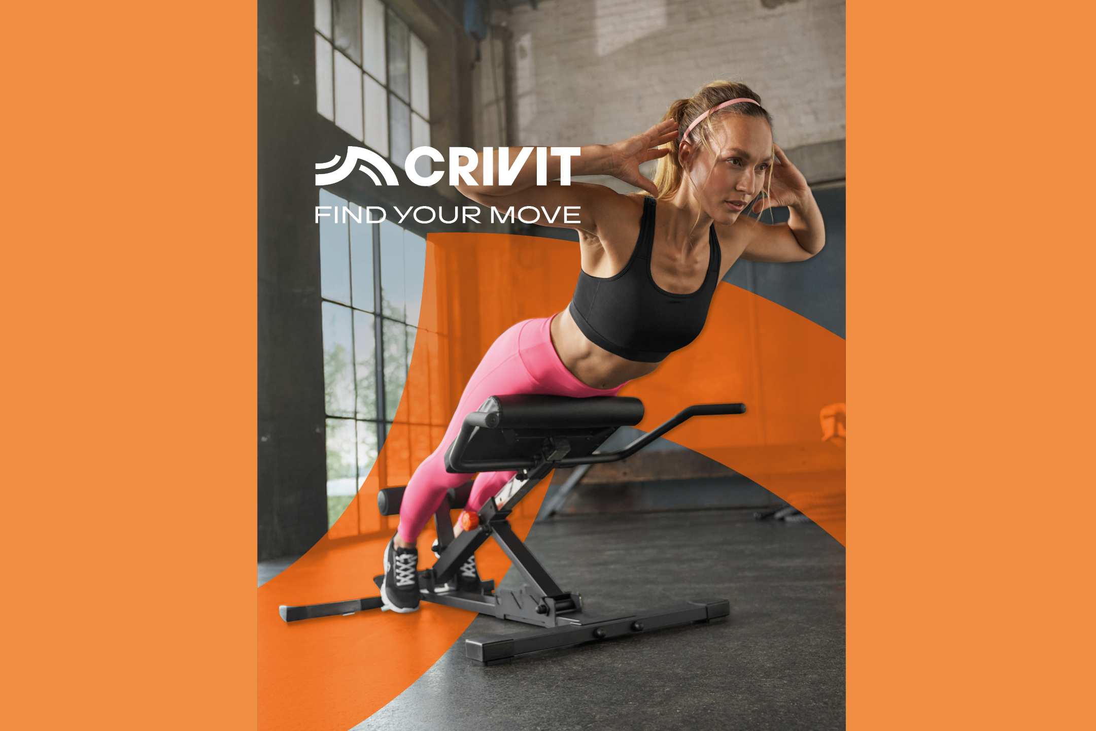Crivit logo, woman exercising on a hyperextension bench, 'FIND YOUR MOVE' slogan