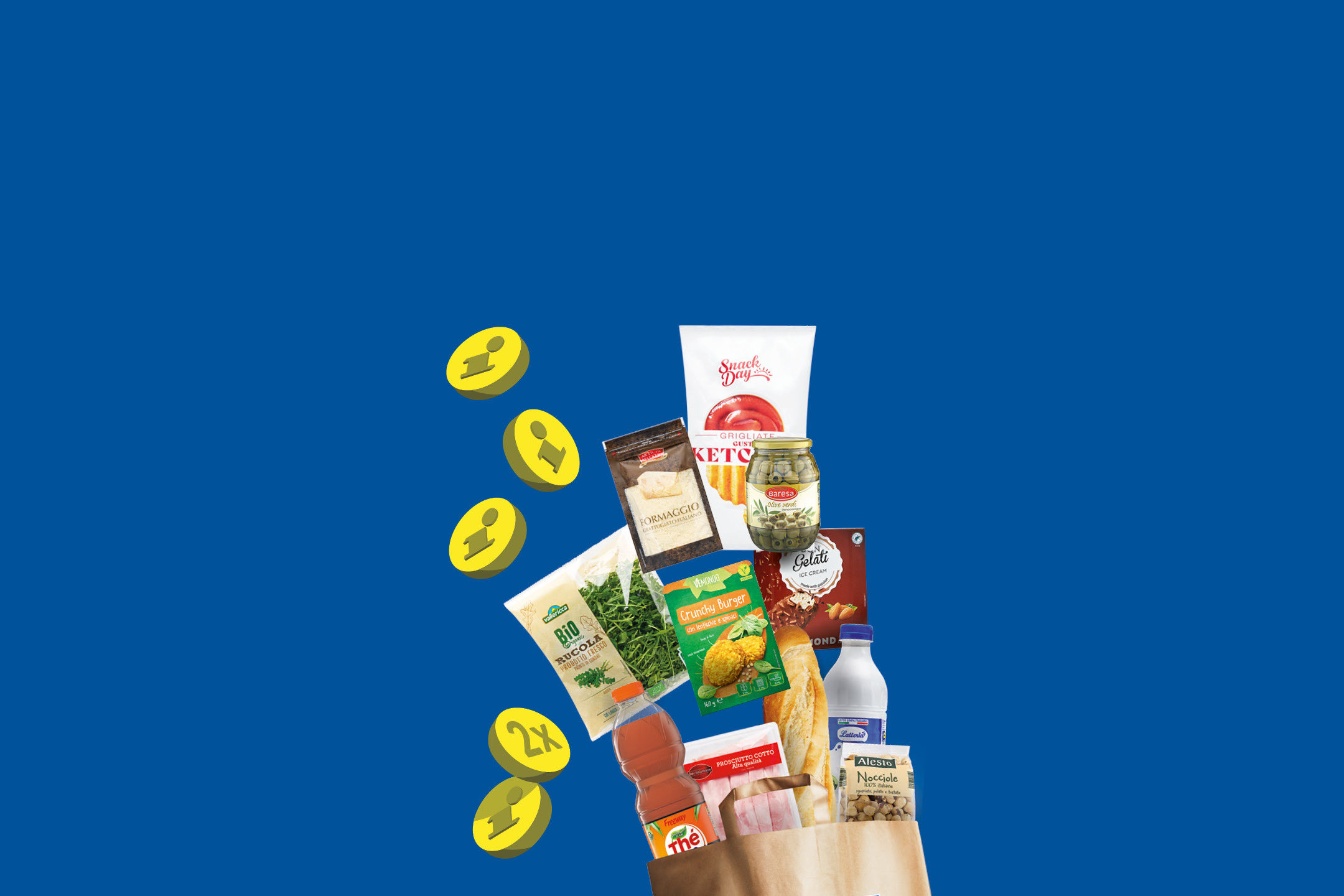 A grocery bag filled with various food items like cheese, rocket, burgers, olives, ice cream, milk, and hazelnuts, with golden coins floating around.