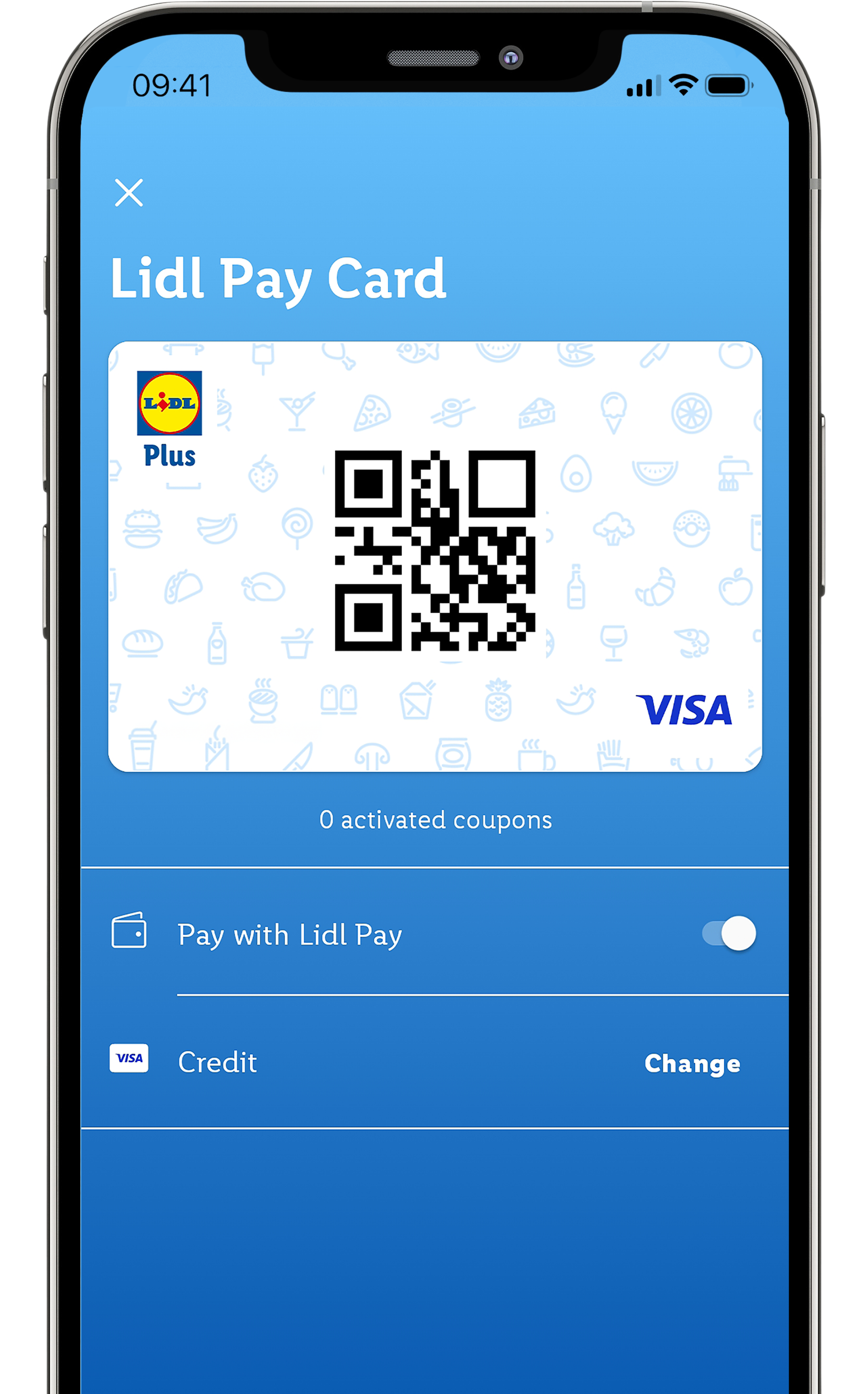 Lidl Pay Card with a QR code, Lidl Plus logo, and Visa branding on a smartphone screen.