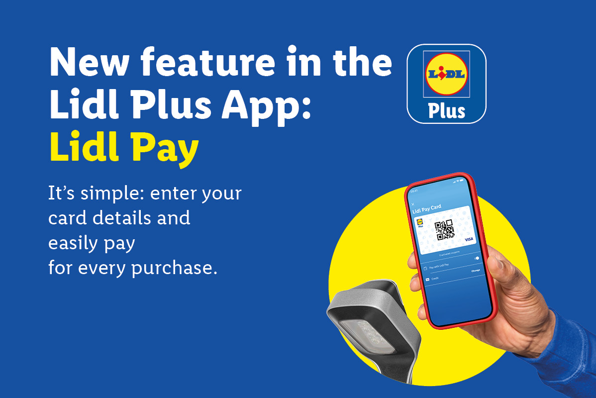 Lidl Plus App advertises Lidl Pay, showing a phone with a QR code for payment.