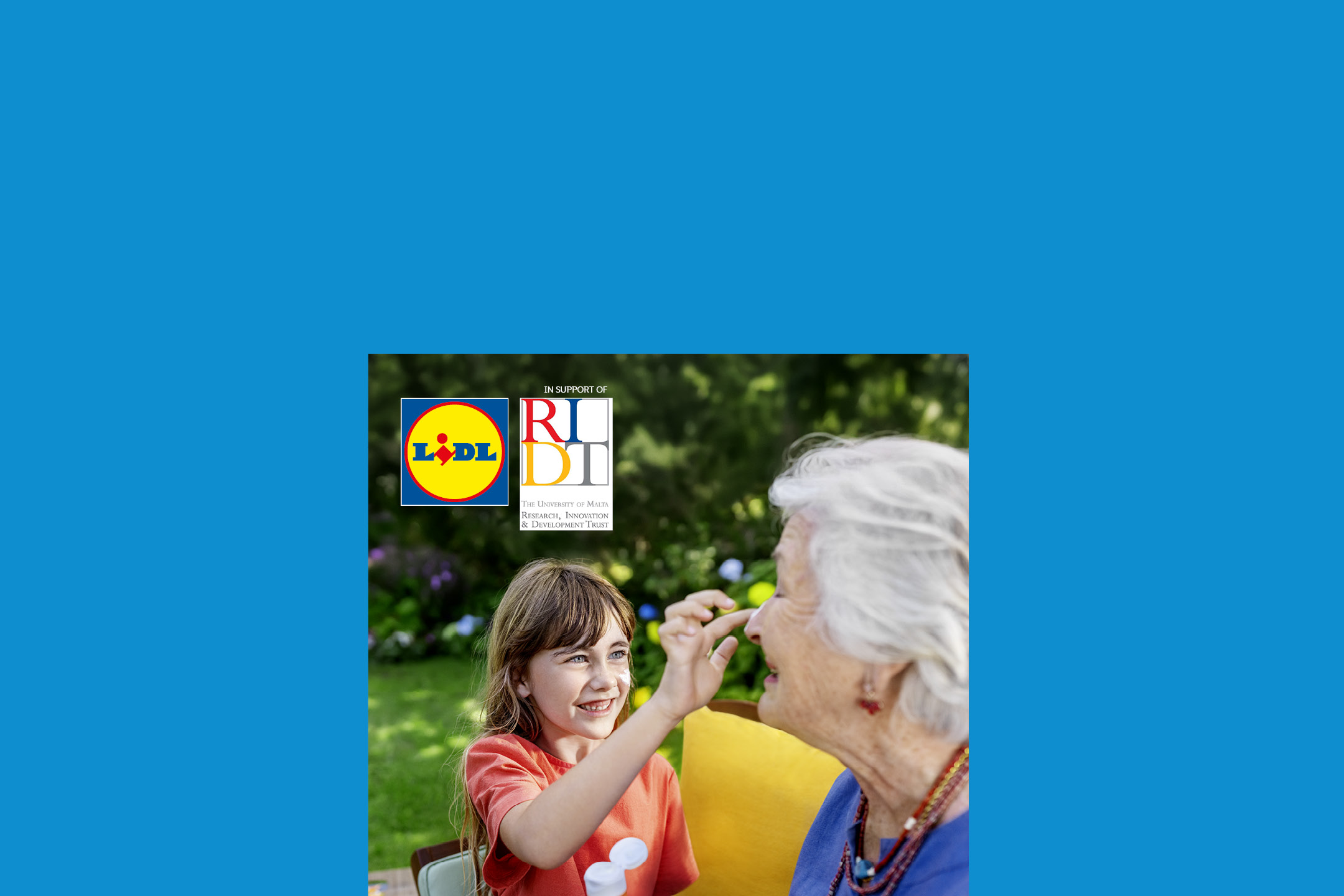 A young girl applies sunscreen to an older woman's nose, with logos for a supermarket and a university research trust.