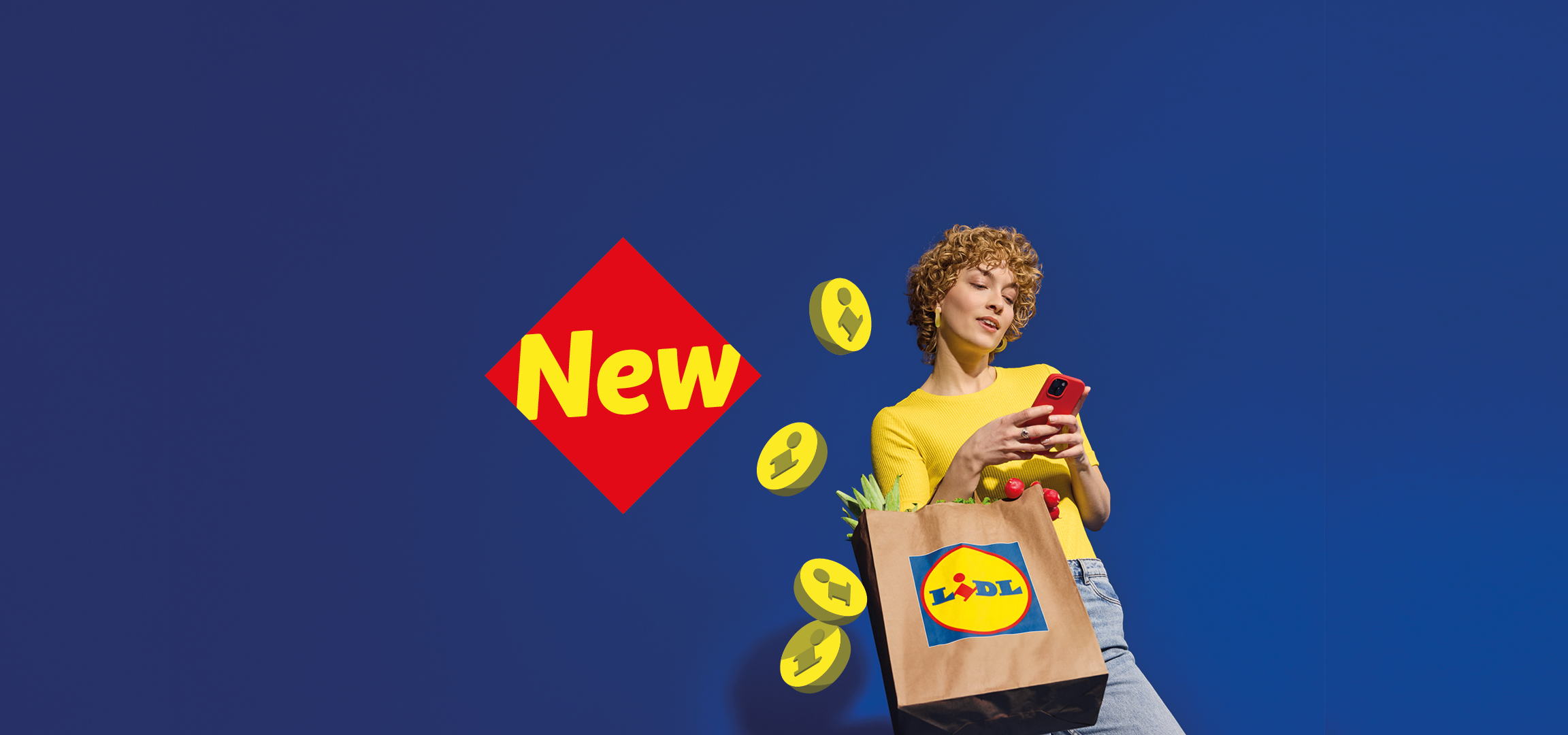 A woman with a shopping bag and phone, with a 'New' sign and information icons.