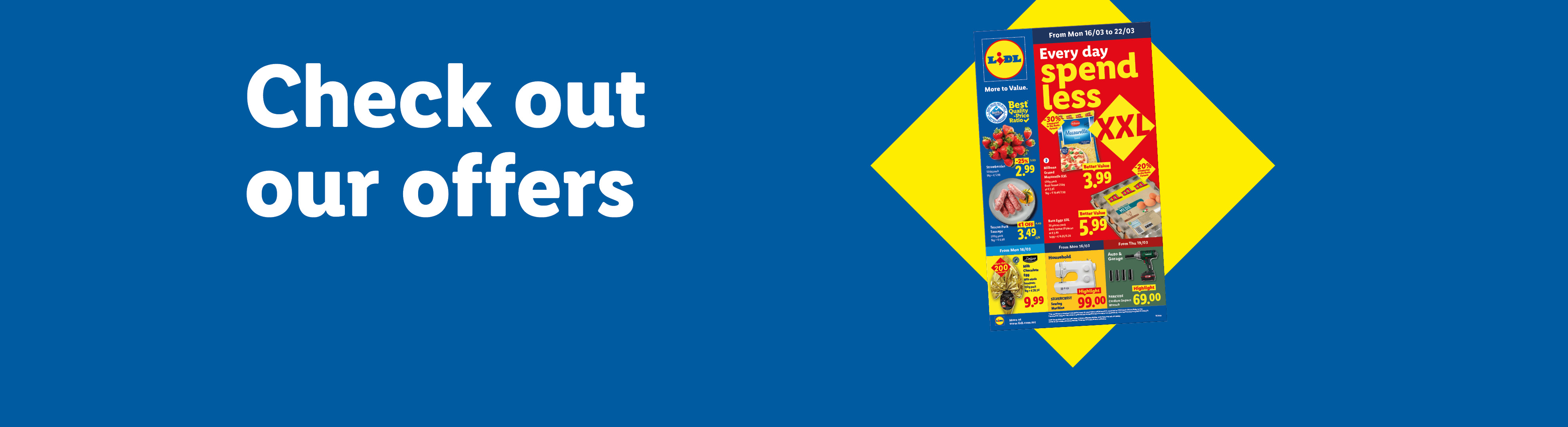 Lidl flyer with offers on strawberries, sausages, mozzarella, eggs, chocolate eggs, sewing machine, and impact wrench.