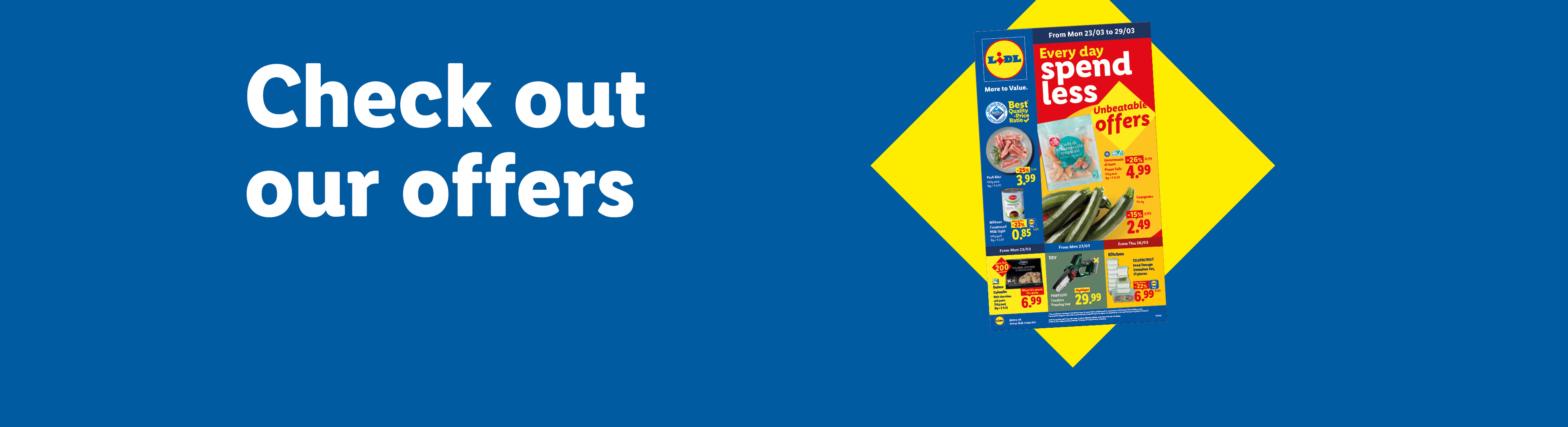 Lidl flyer with 'Check out our offers' text, featuring pork ribs, prawns, courgettes, and kitchen storage.