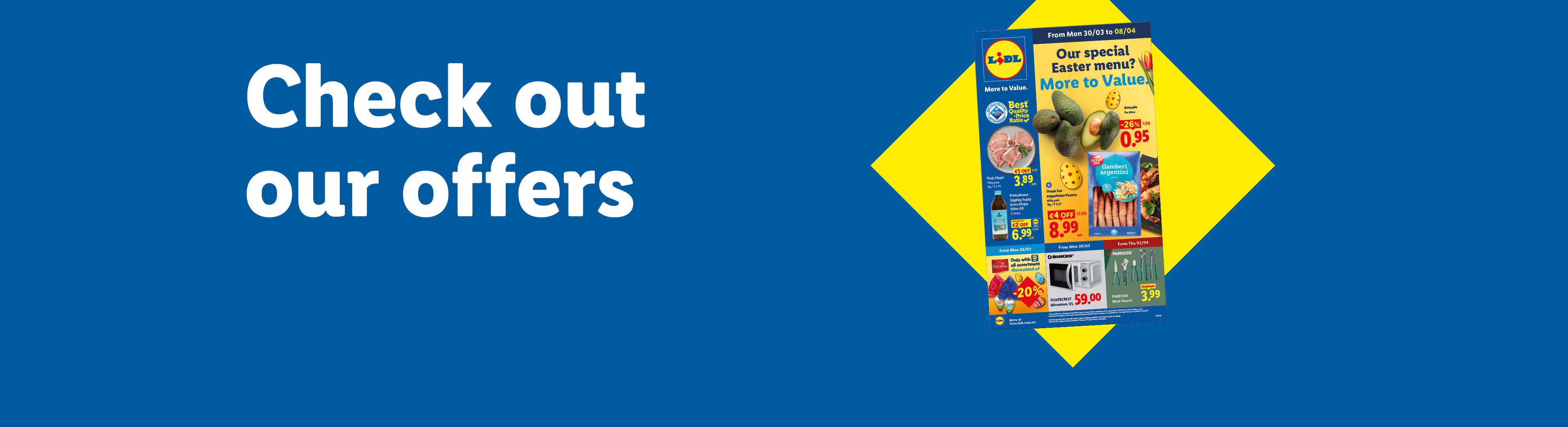 A flyer with Easter menu offers, including pork chops, avocados, and shrimp, against a blue and yellow background with the text 'Check out our offers.'