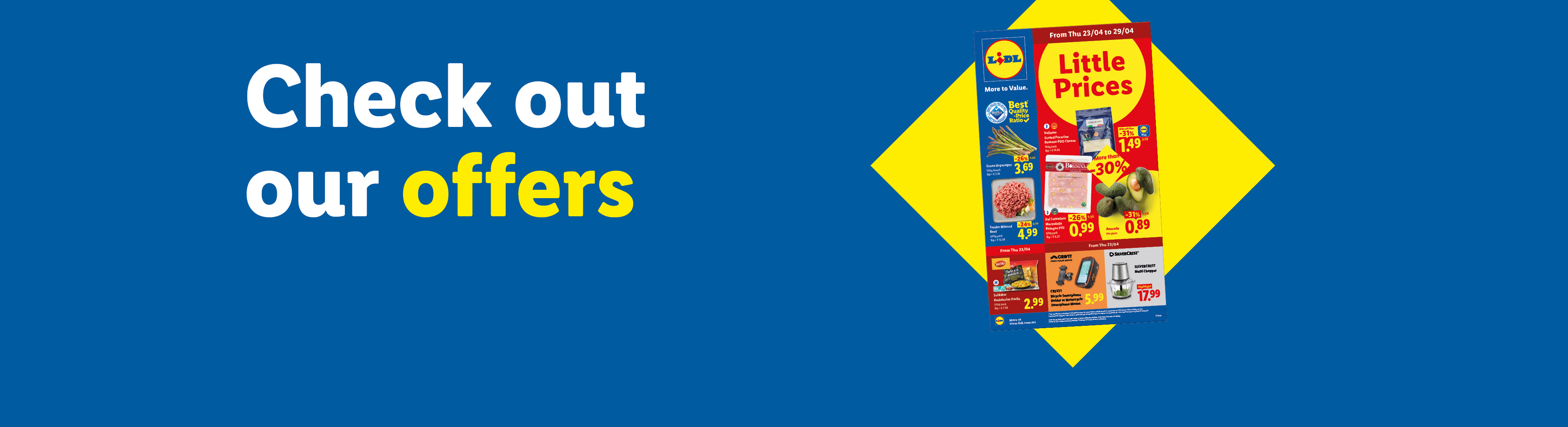 A flyer with discounted groceries and household items, including meat, vegetables, and electronics.