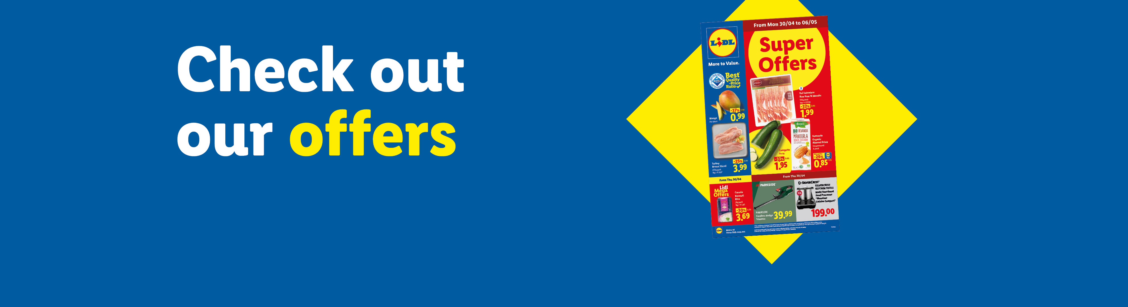 Lidl flyer with Super Offers on groceries like mango, turkey breast, zucchini, and almond drink, plus kitchen tools.