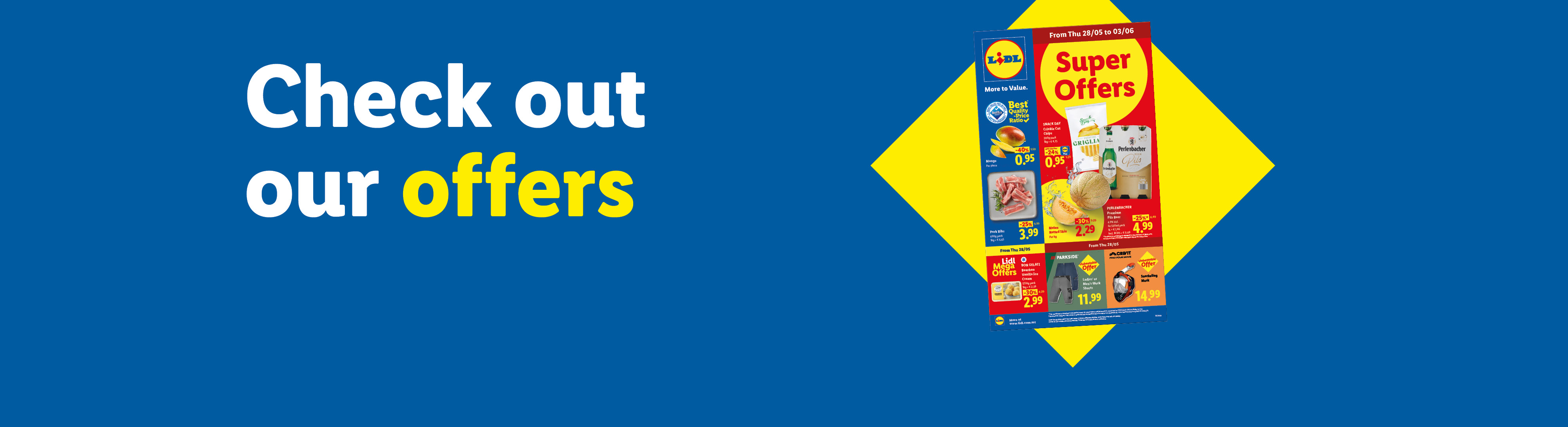 Lidl offers with mango, pork ribs, chips, beer, melon, ice cream, shorts, and a snorkeling mask.