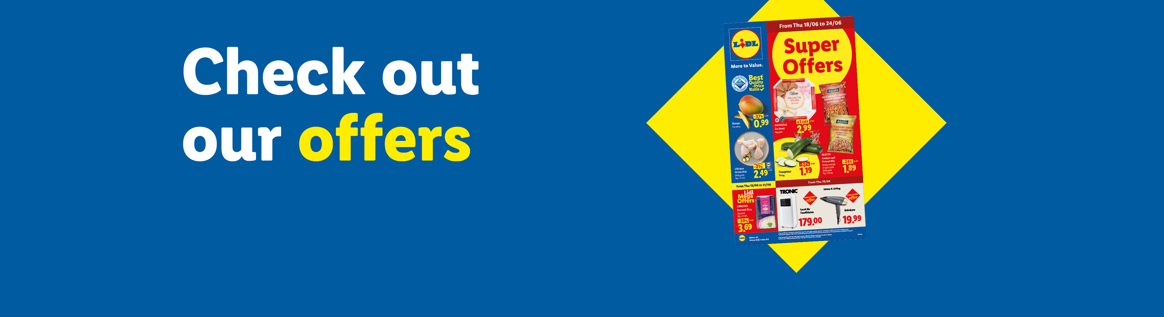 Lidl flyer with 'Super Offers' on groceries like mango, chicken, zucchini, and household items.