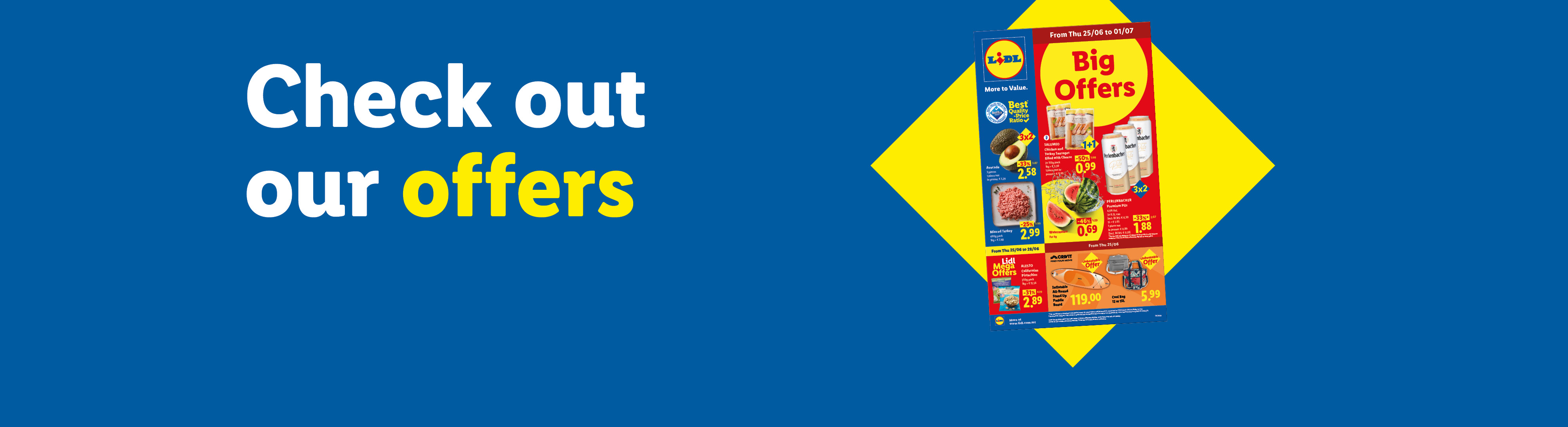 Lidl flyer with 'Check out our offers' text, featuring deals on meat, produce, and beverages.