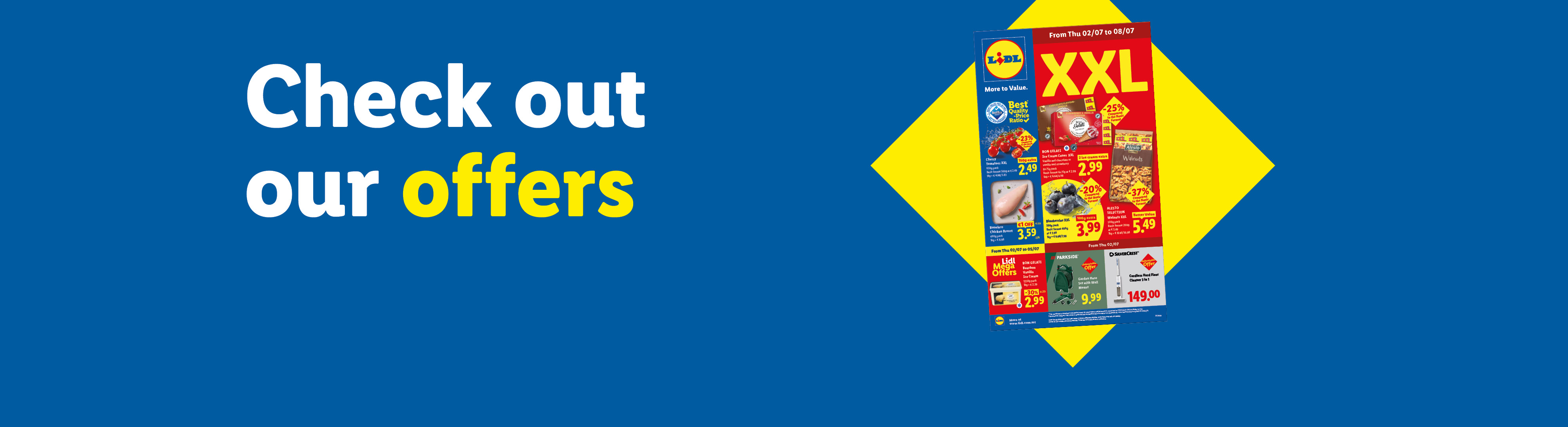 Lidl flyer with offers on cherry tomatoes, chicken breast, ice cream, blueberries, walnuts, garden hose, and cordless floor cleaner.