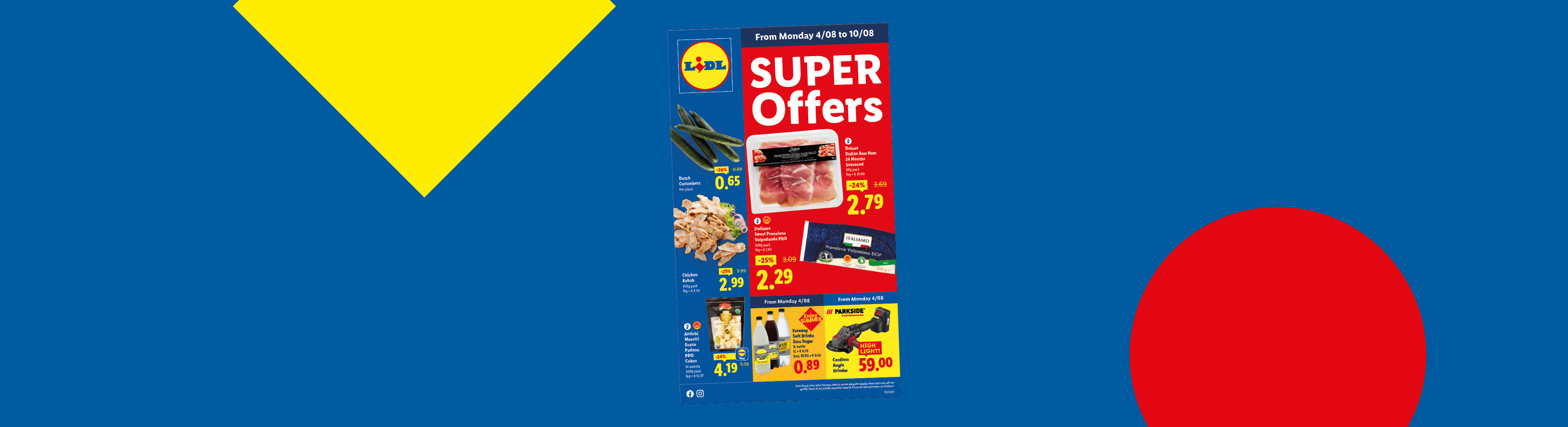 Lidl leaflet with offers valid from 04/08, on a blue background