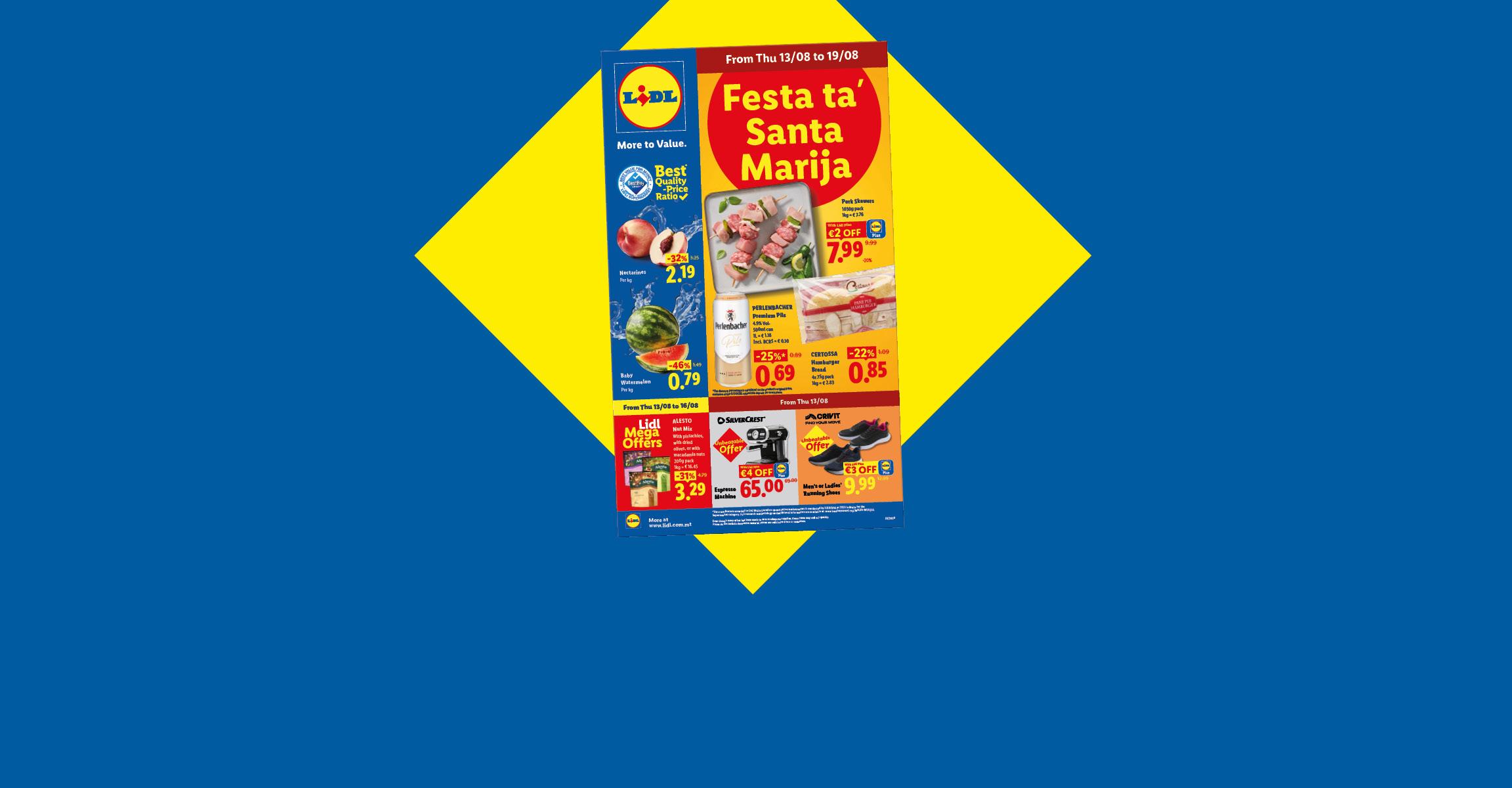 Lidl flyer with offers on fresh produce, meat, beer, and household items, with text 'Check out our offers'.