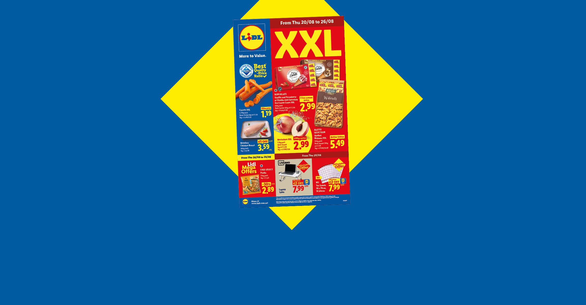 A flyer promoting XXL offers on carrots, chicken breast, ice cream, walnuts, paella, and a laptop table.