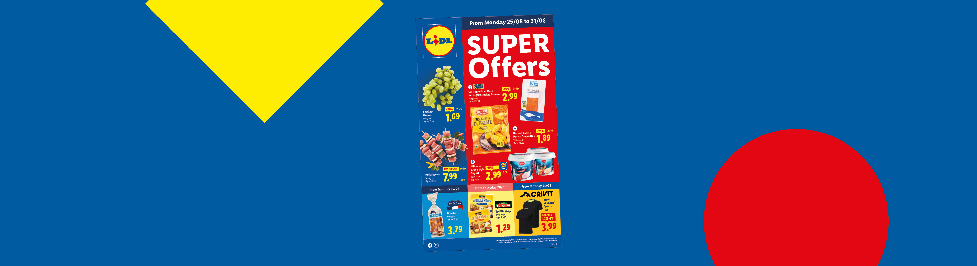 Lidl flyer advertising super offers on groceries like grapes, salmon, pork skewers, yogurt, and tortilla wraps.