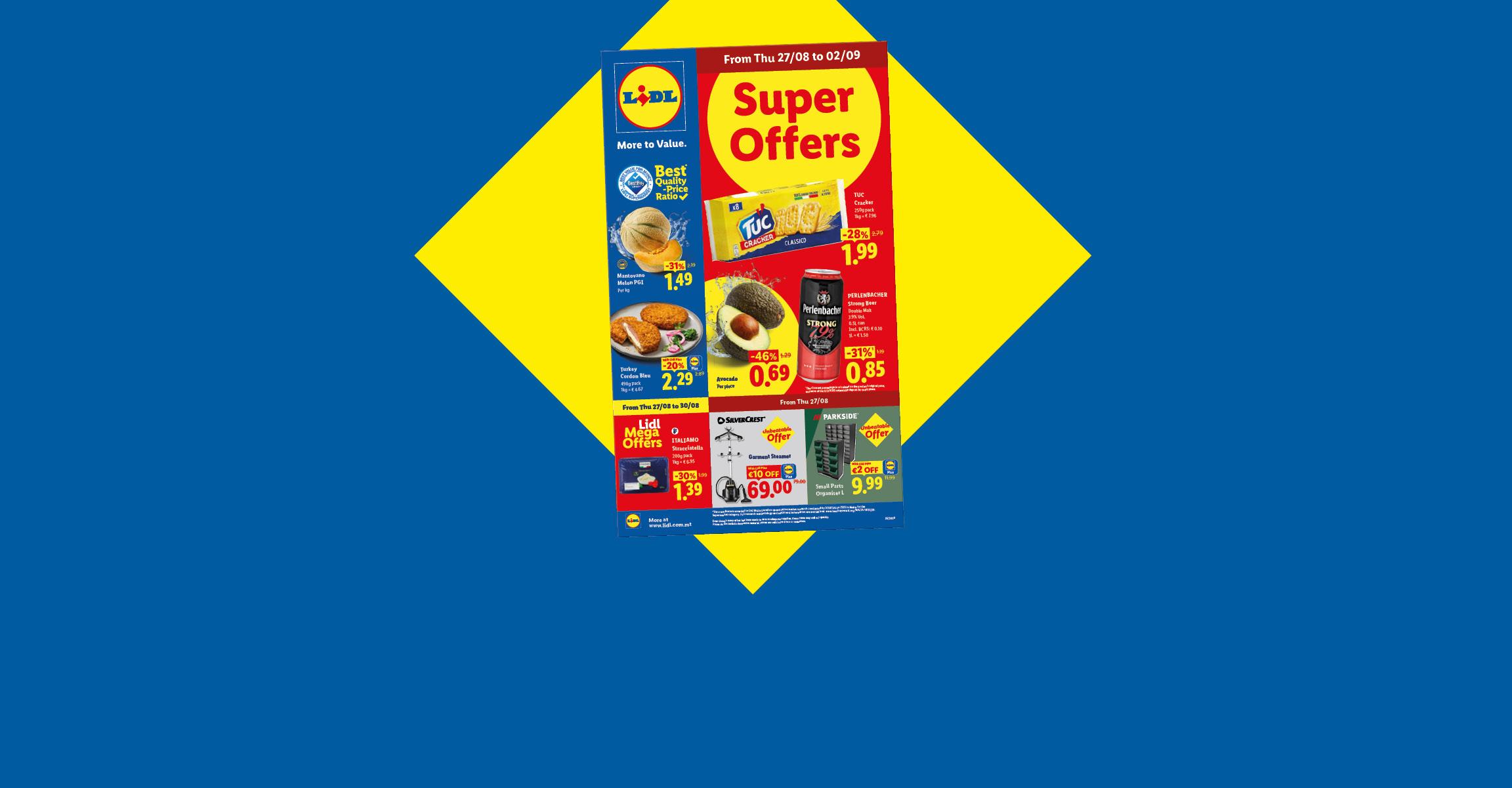 Lidl flyer with 'Check out our offers' text, featuring discounts on various groceries and household items.