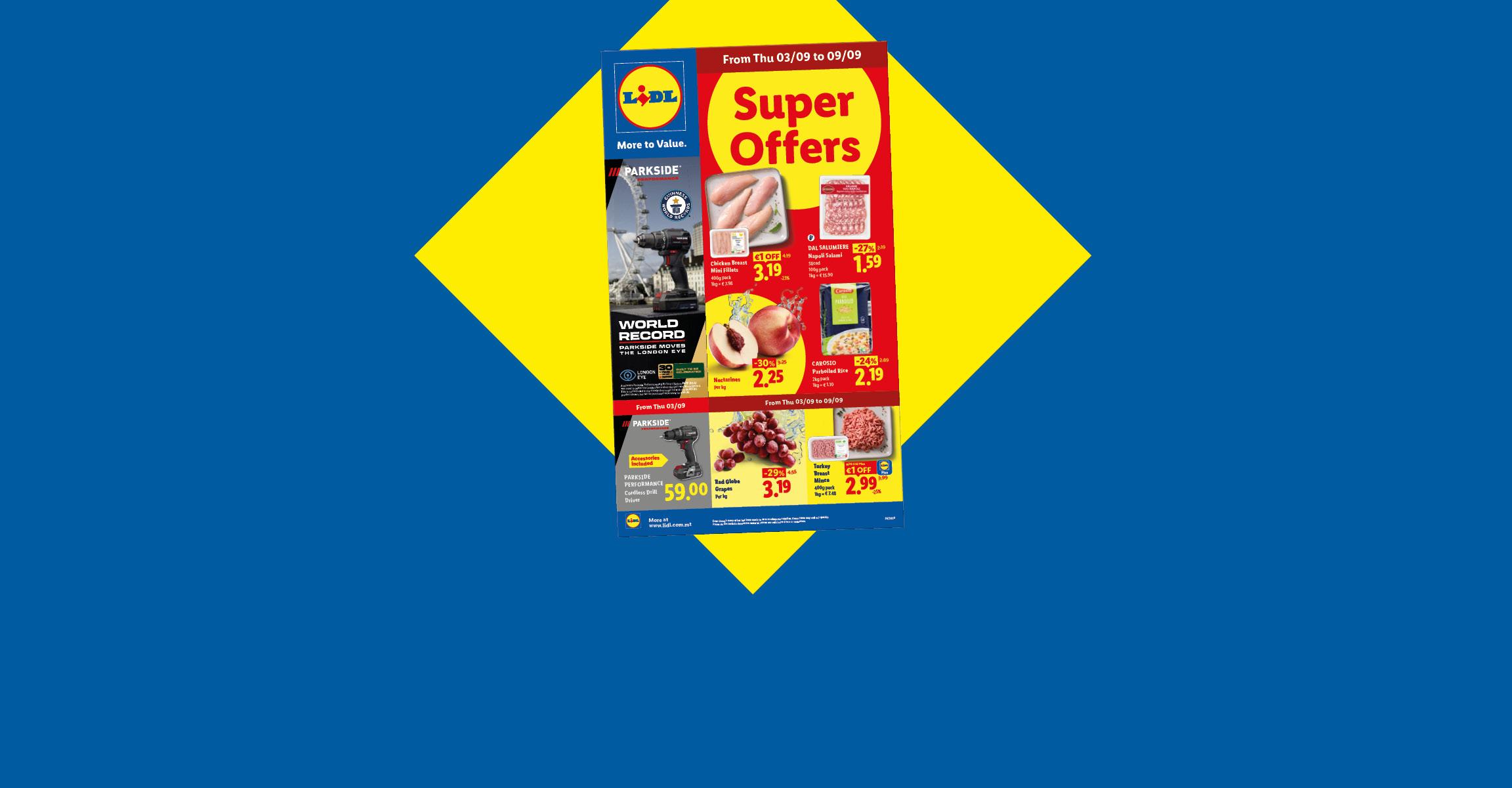 Lidl flyer with 'Check out our offers' text, featuring chicken, salami, peaches, grapes, and ground meat.