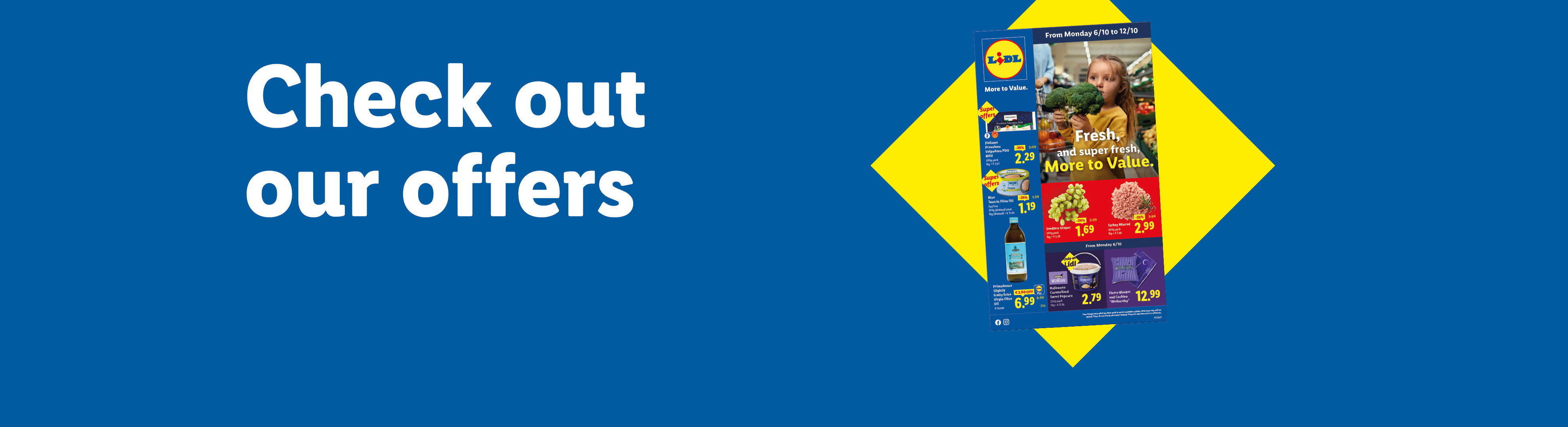 Lidl ad with fresh produce, groceries, and text 'Check out our offers'. Offers valid from 06/10.