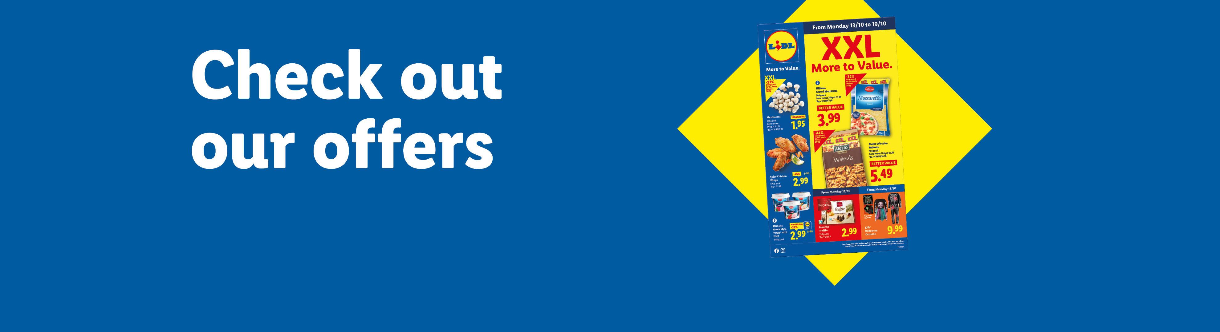 Lidl flyer with XXL offers including mozzarella, walnuts, chicken wings, and yogurt. Offers valid from 13/10.