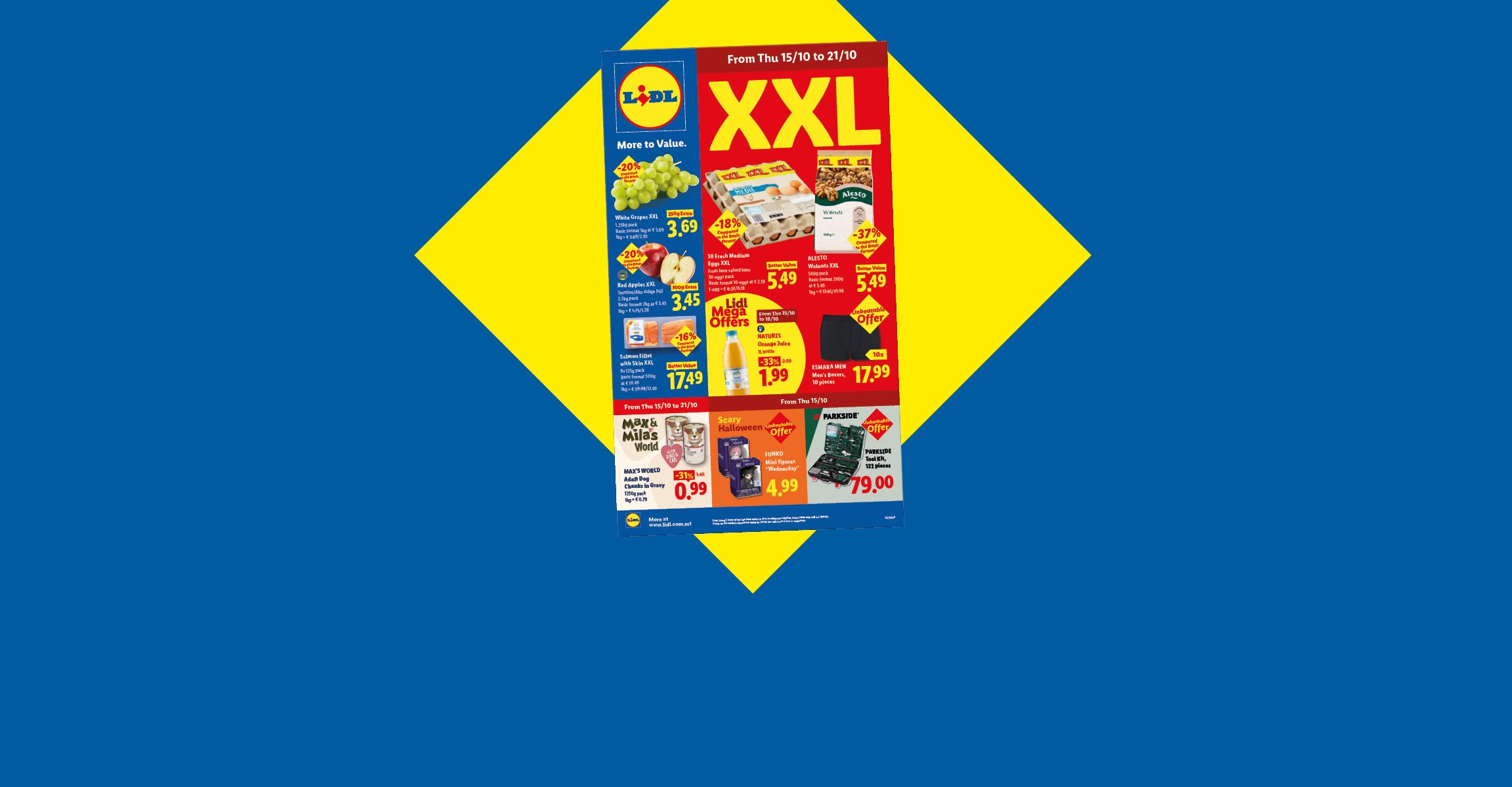 Weekly supermarket leaflet featuring food and non-food offers on a blue background.