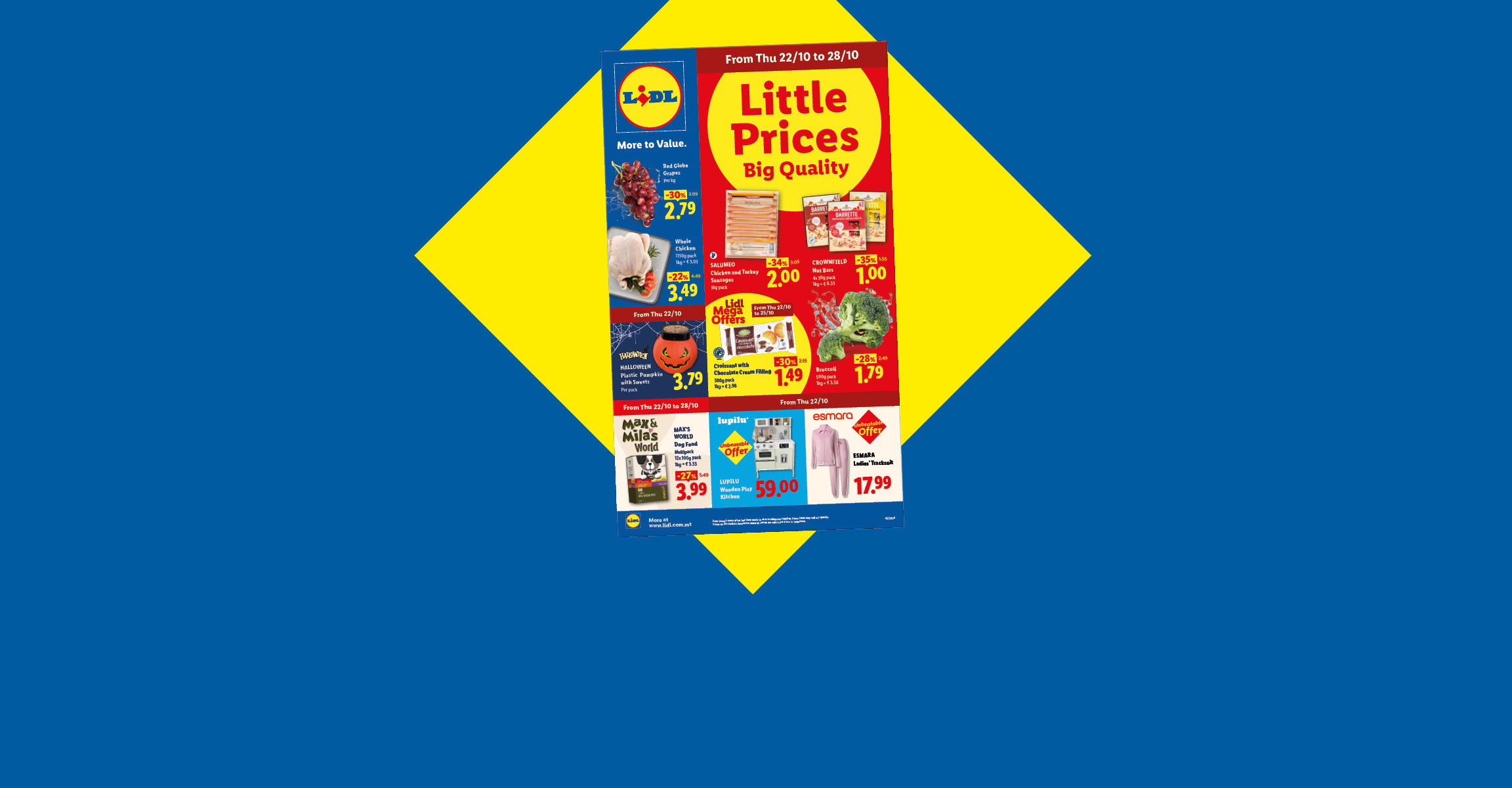 Weekly grocery offers flyer featuring fresh produce, snacks, and household items on a blue background.