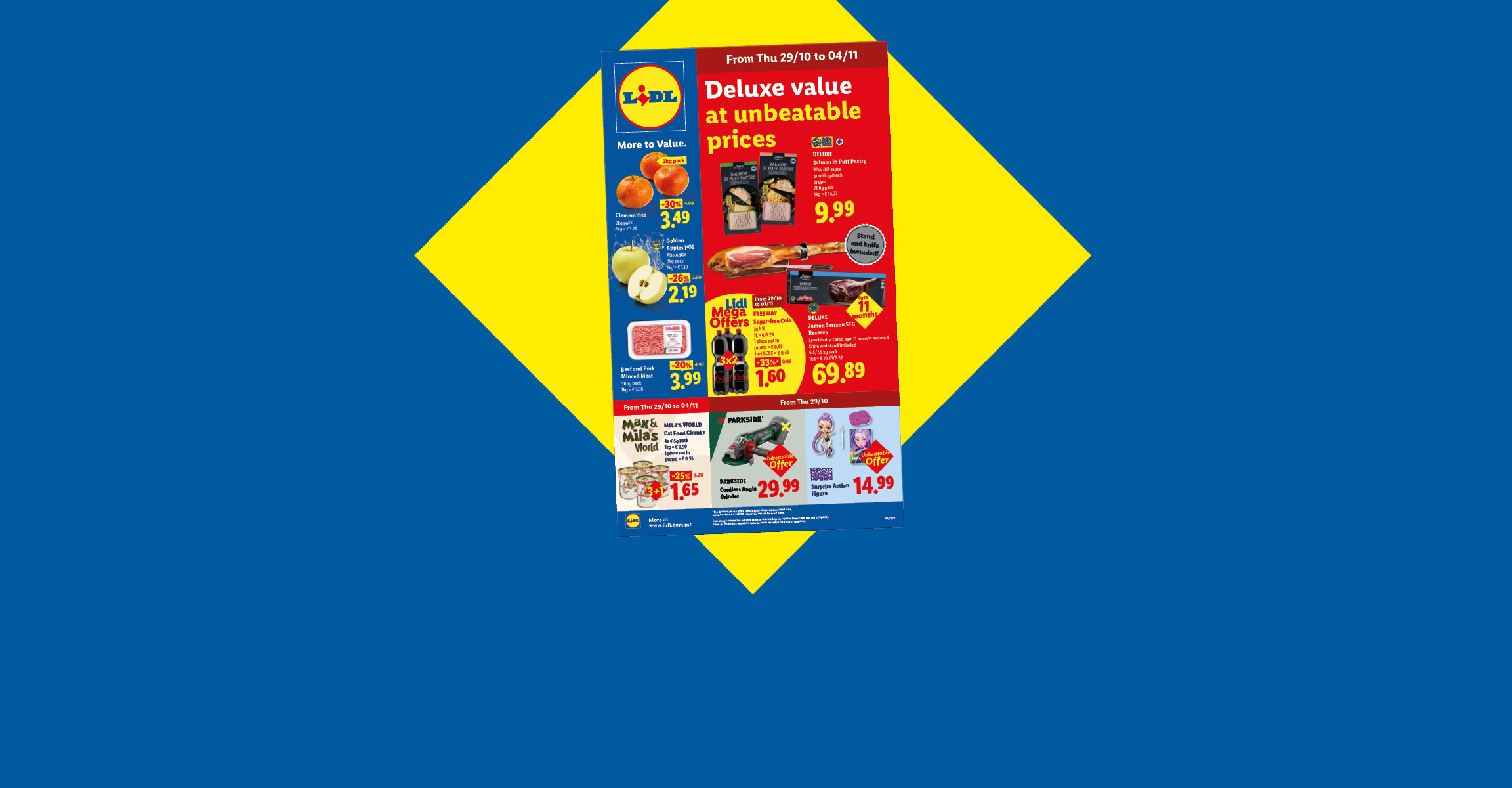 Weekly supermarket leaflet featuring food and non-food offers on a blue background.
