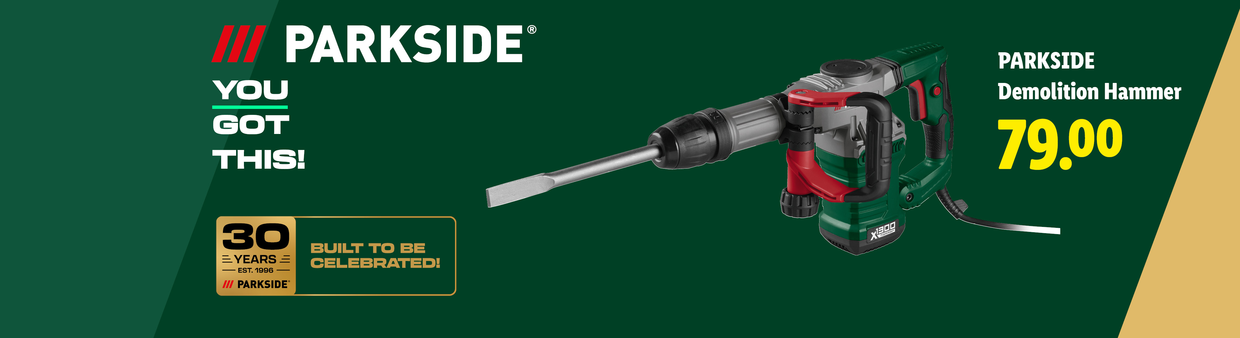 A demolition hammer with a chisel bit, priced at 79.00, against a green and gold background.
