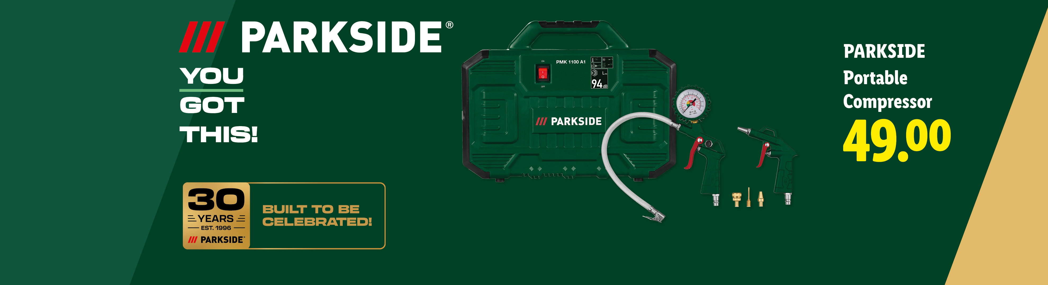 A portable compressor with accessories, priced at 49.00, celebrating 30 years.