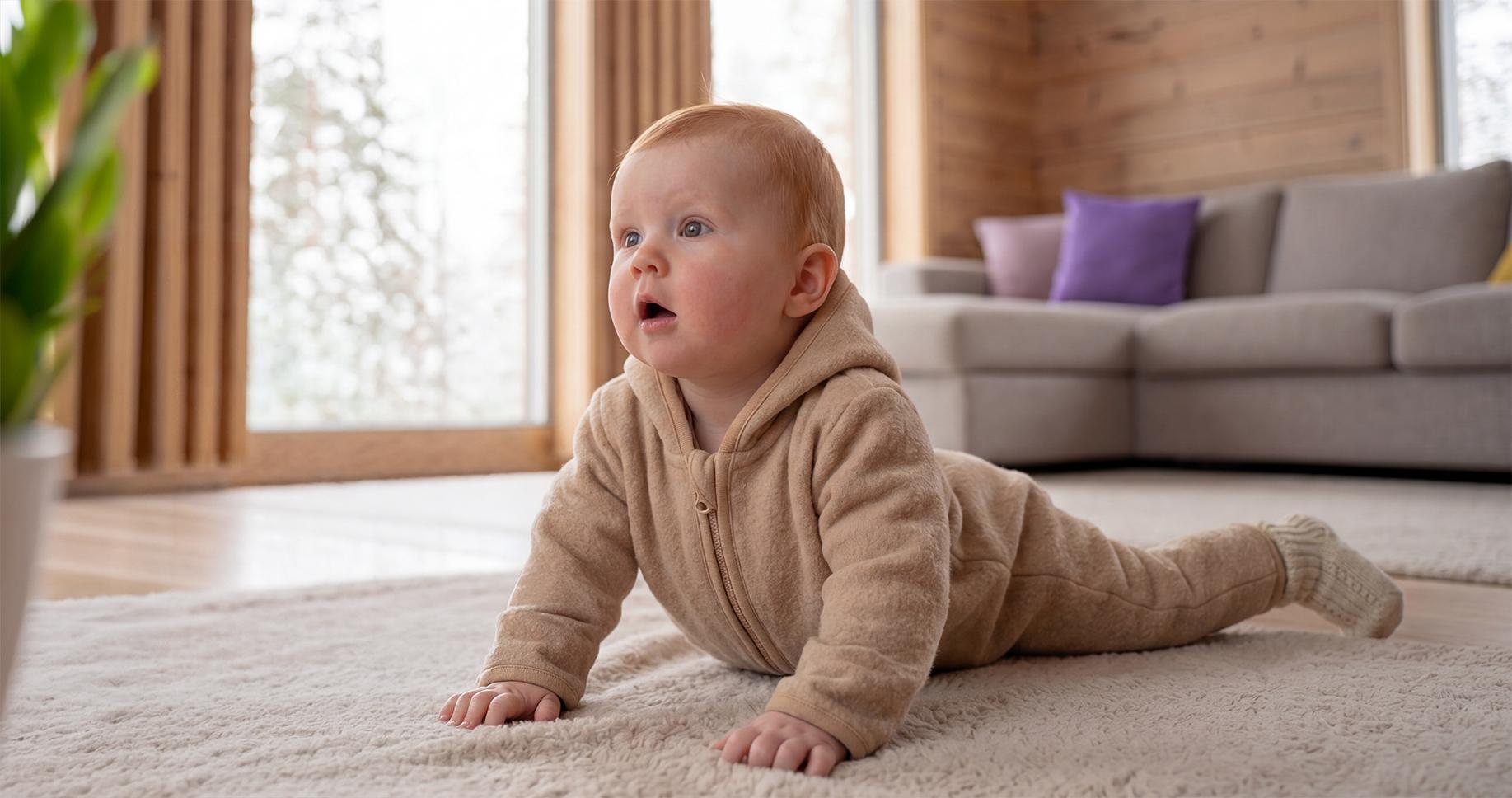 Baby in a beige plush jumpsuit lying on their tummy on the carpet at home.