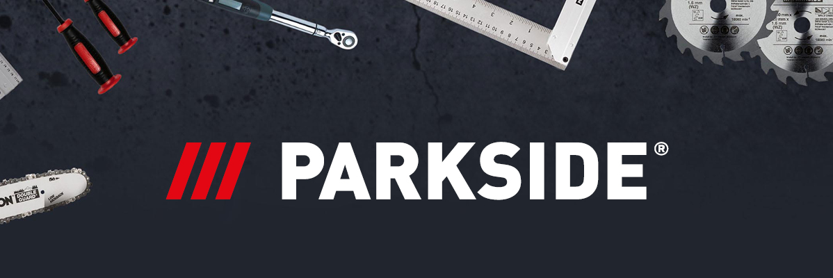 Parkside tools including a chainsaw (Oregon bar and chain), ratchets, and measuring tools.