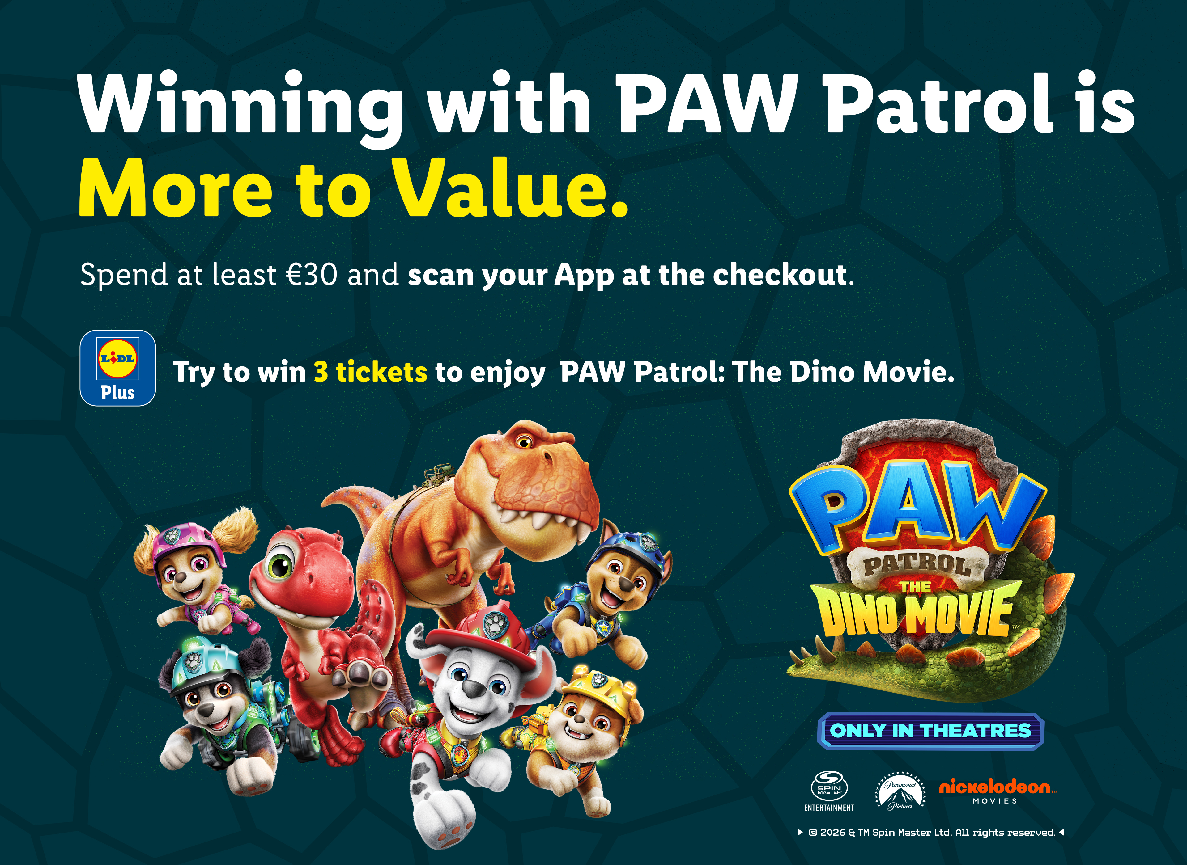 Promotional image for a movie ticket giveaway featuring animated characters and dinosaurs.
