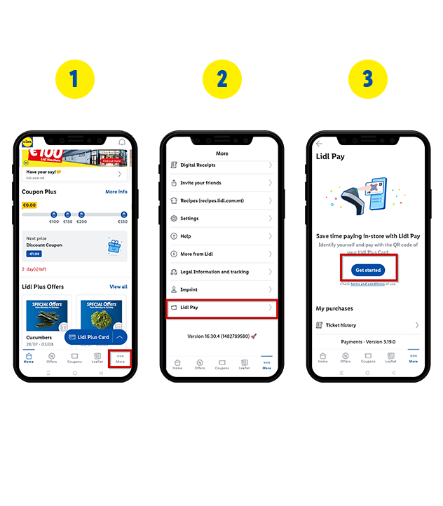 Screenshots of the Lidl app showing how to access and set up Lidl Pay.
