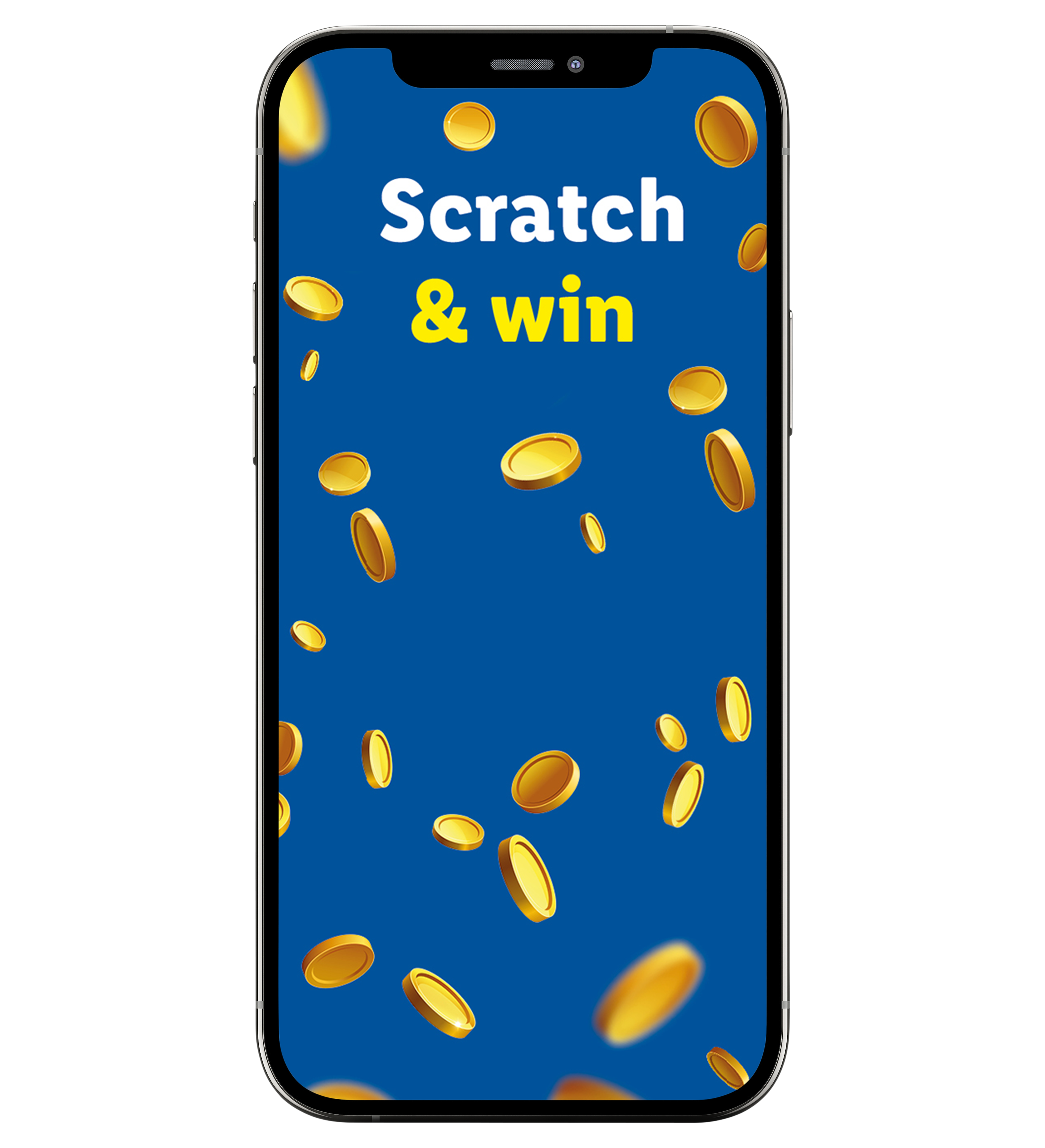 Smartphone displaying 'Scratch & win' with falling gold coins on a blue background.