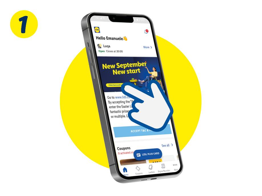 A smartphone displaying the Lidl app with a hand cursor pointing to a link.