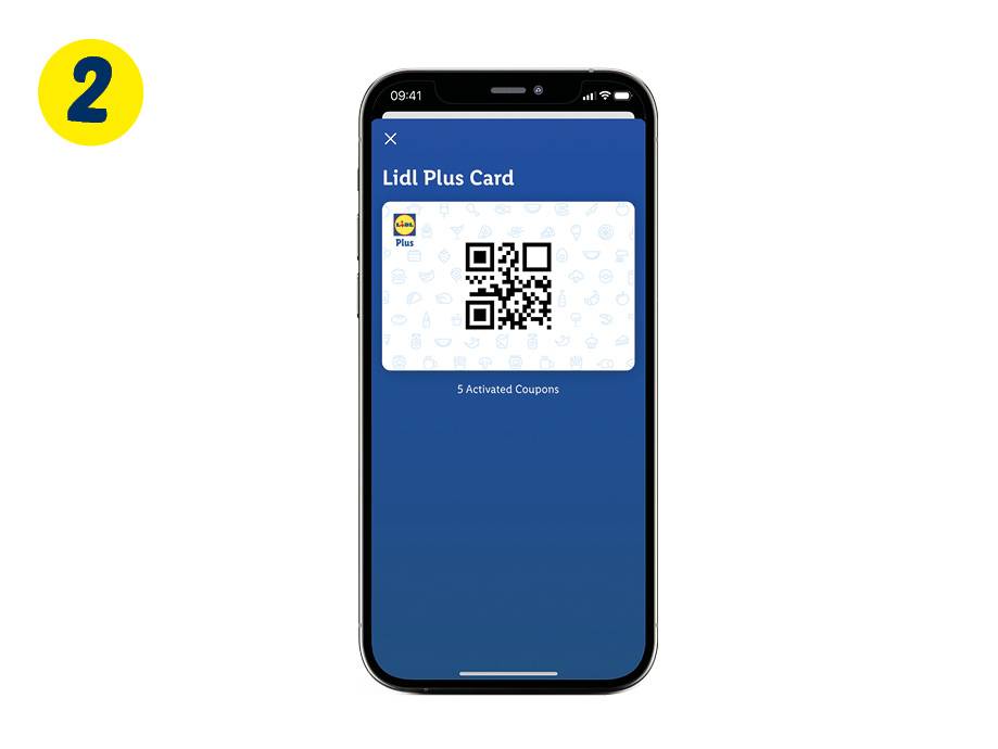 A smartphone displaying the Lidl Plus Card with a QR code and 5 activated coupons.
