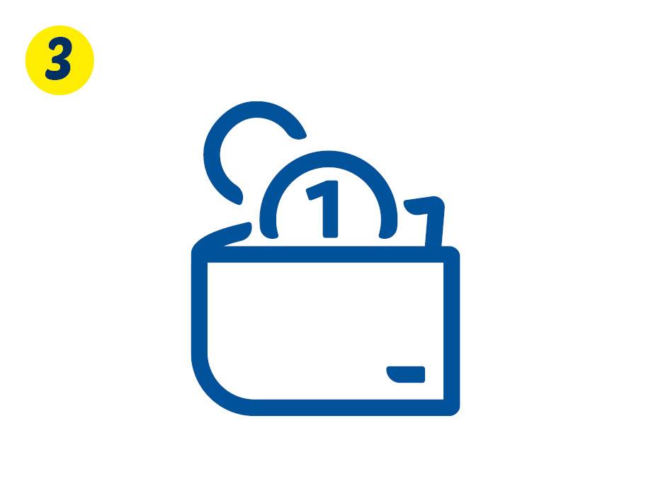 Icon of a wallet with coins, one showing the number 1, and a yellow circle with the number 3.