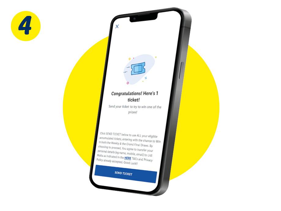 A smartphone displaying a digital ticket with a yellow circle in the background.