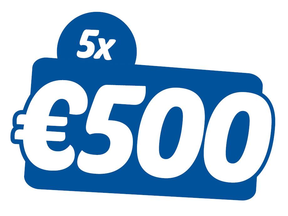 A blue graphic with '5x' on top and '€500' below, indicating a prize or offer.