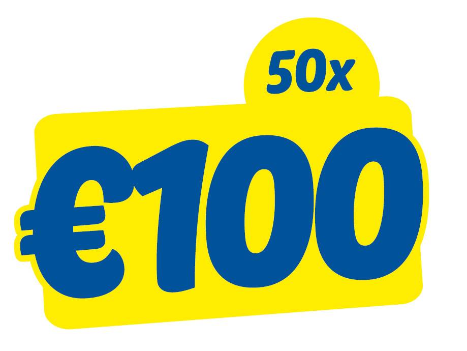 A yellow sign with blue text showing '€100' and '50x' above it.