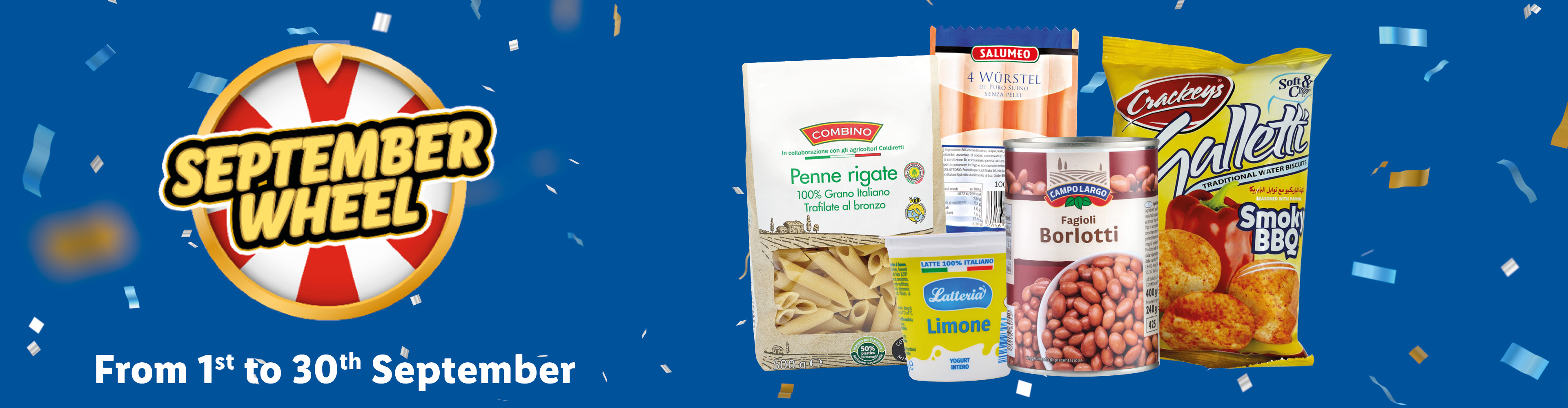 A September Wheel promotion with various food products including pasta, sausages, beans, yogurt, and biscuits.