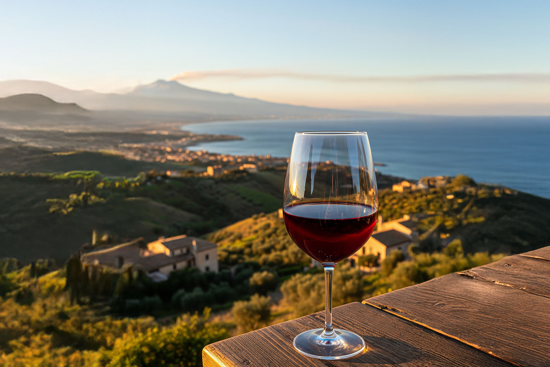 Glass of red wine on a wooden terrace with a view of the sea and mountains at sunset.