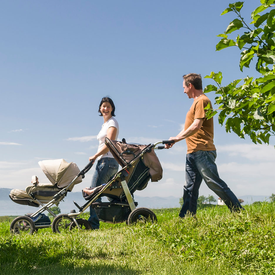 A family strolls through a field with a stroller.