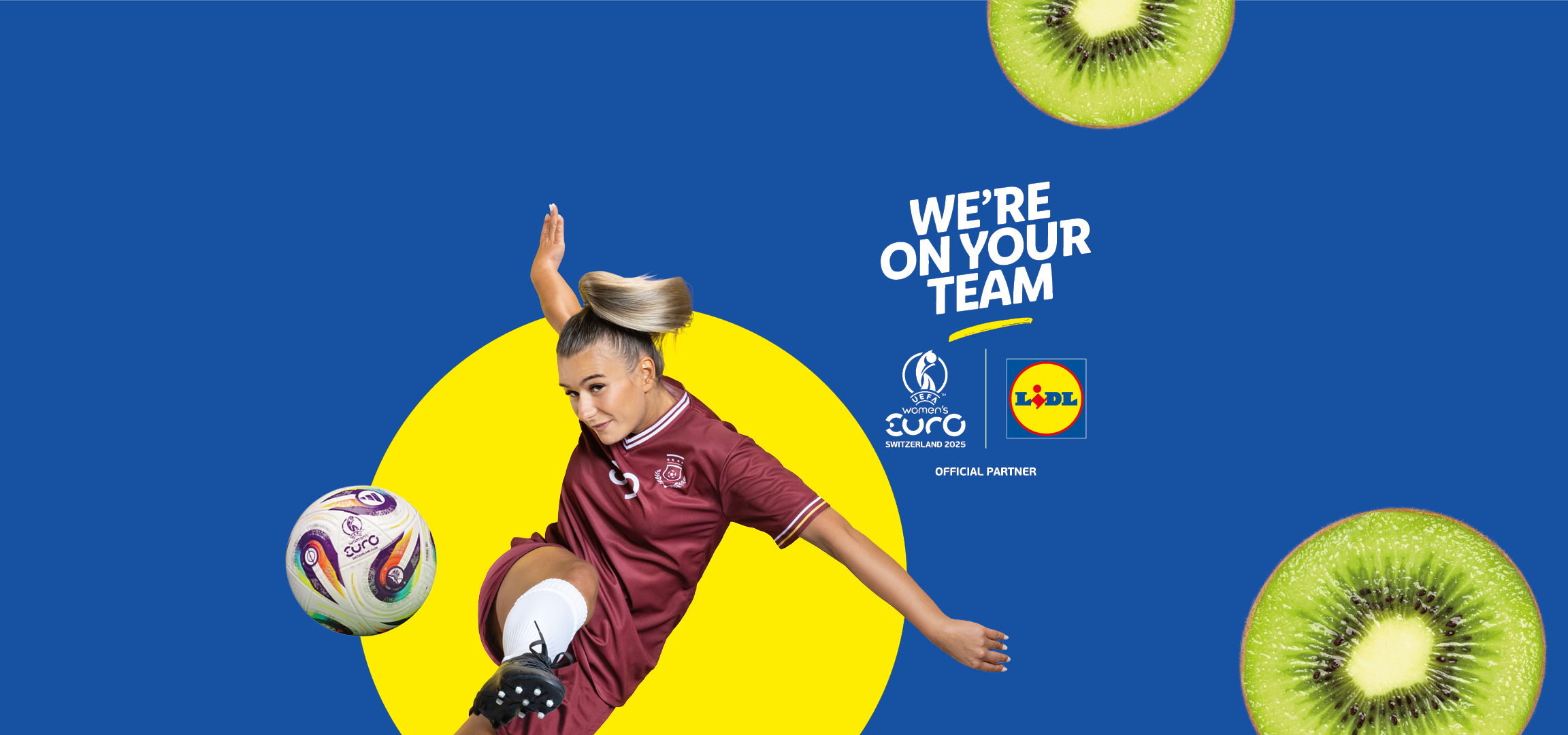 Lidl's sponsorship of the UEFA Women's EURO 2025, featuring a female soccer player and kiwis.