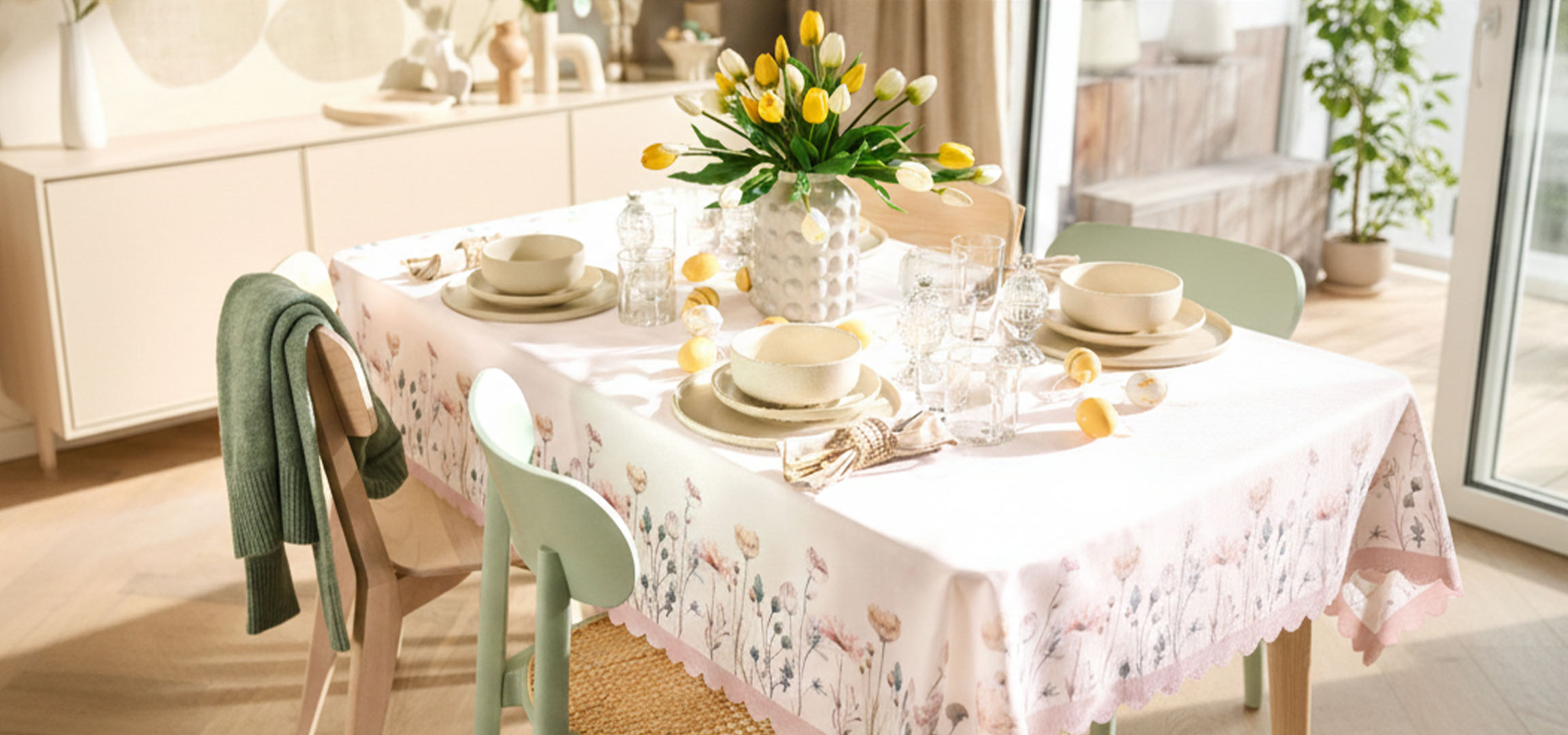 Table set for Easter breakfast with tulips, dinnerware, and Easter eggs.