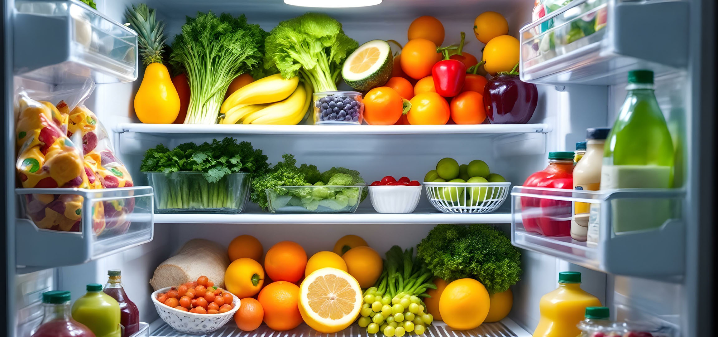 Oranges, vegetables, and juices in a refrigerator.