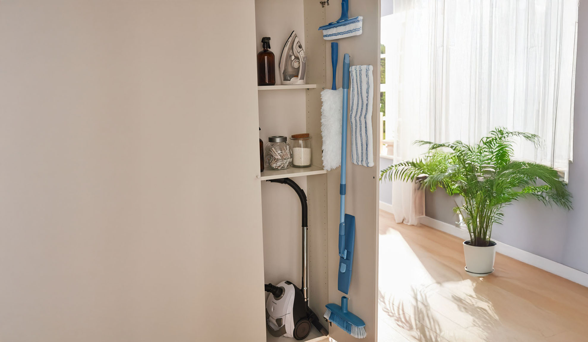 Cleaning closet with vacuum cleaner, iron, mops, and cloths.