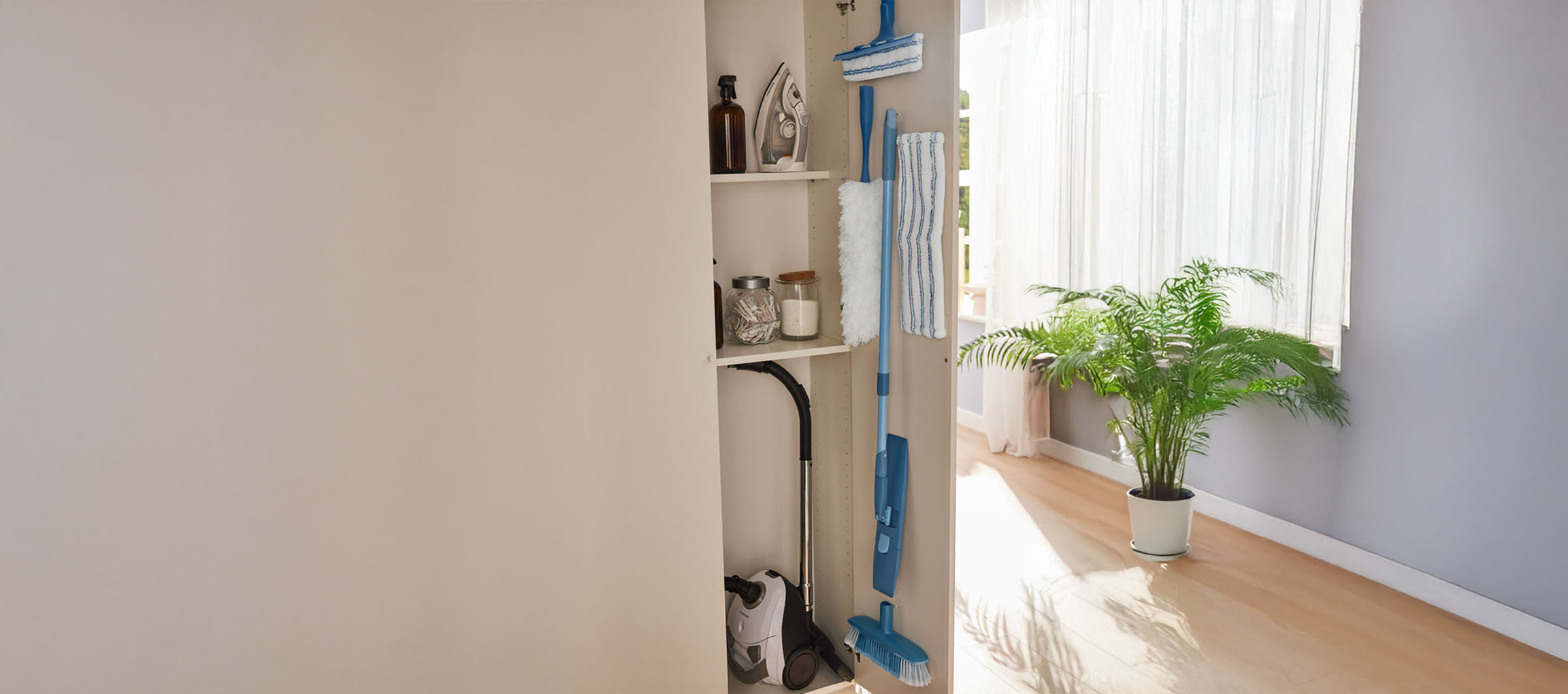 An open closet with cleaning products, including a vacuum cleaner, an iron, and blue mops.