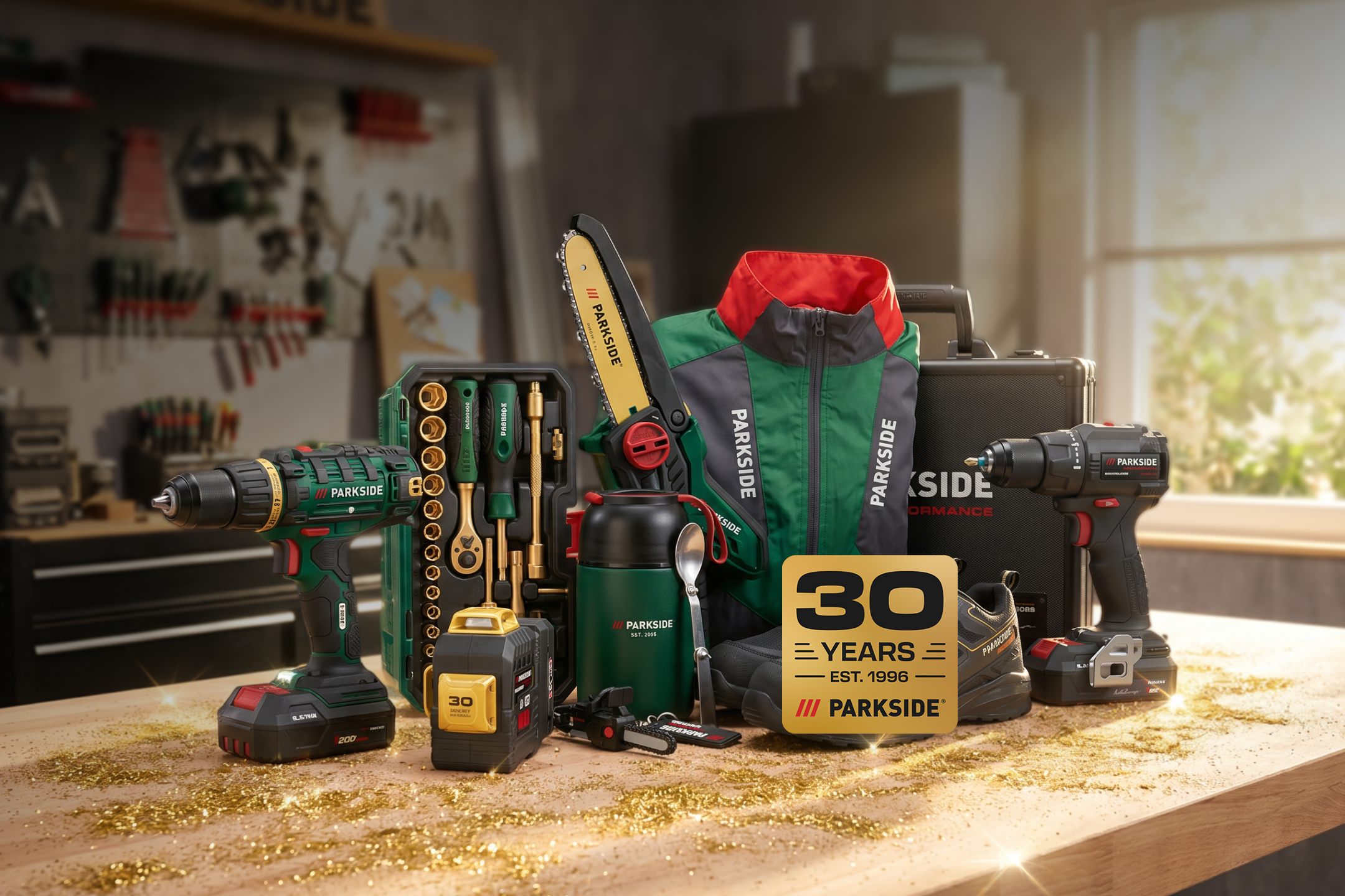 aiLabeling.aiLabelForImageAltText: Power tools and accessories on a wooden surface with a '30 Years' logo.